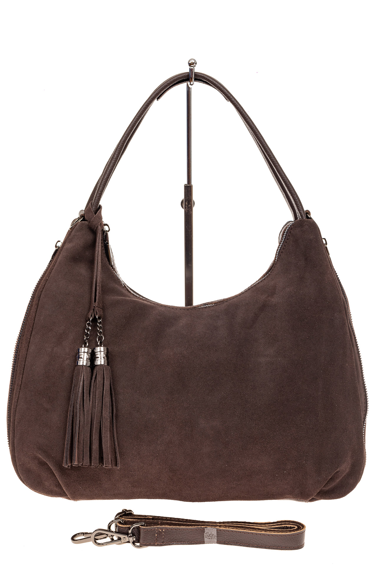 На фото 2 - Большая замшевая сумка хобо, цвет коричневый