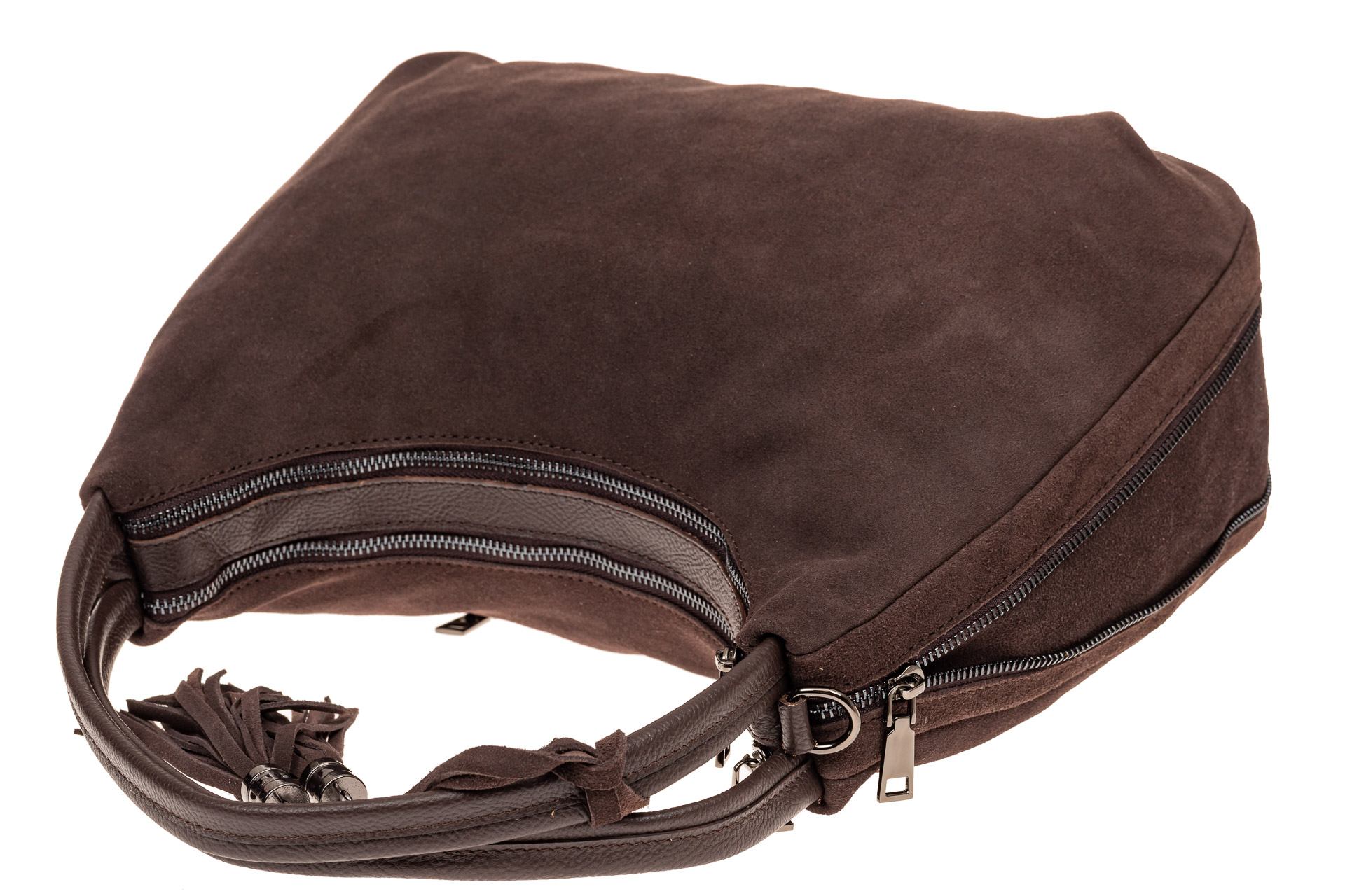 На фото 4 - Большая замшевая сумка хобо, цвет коричневый