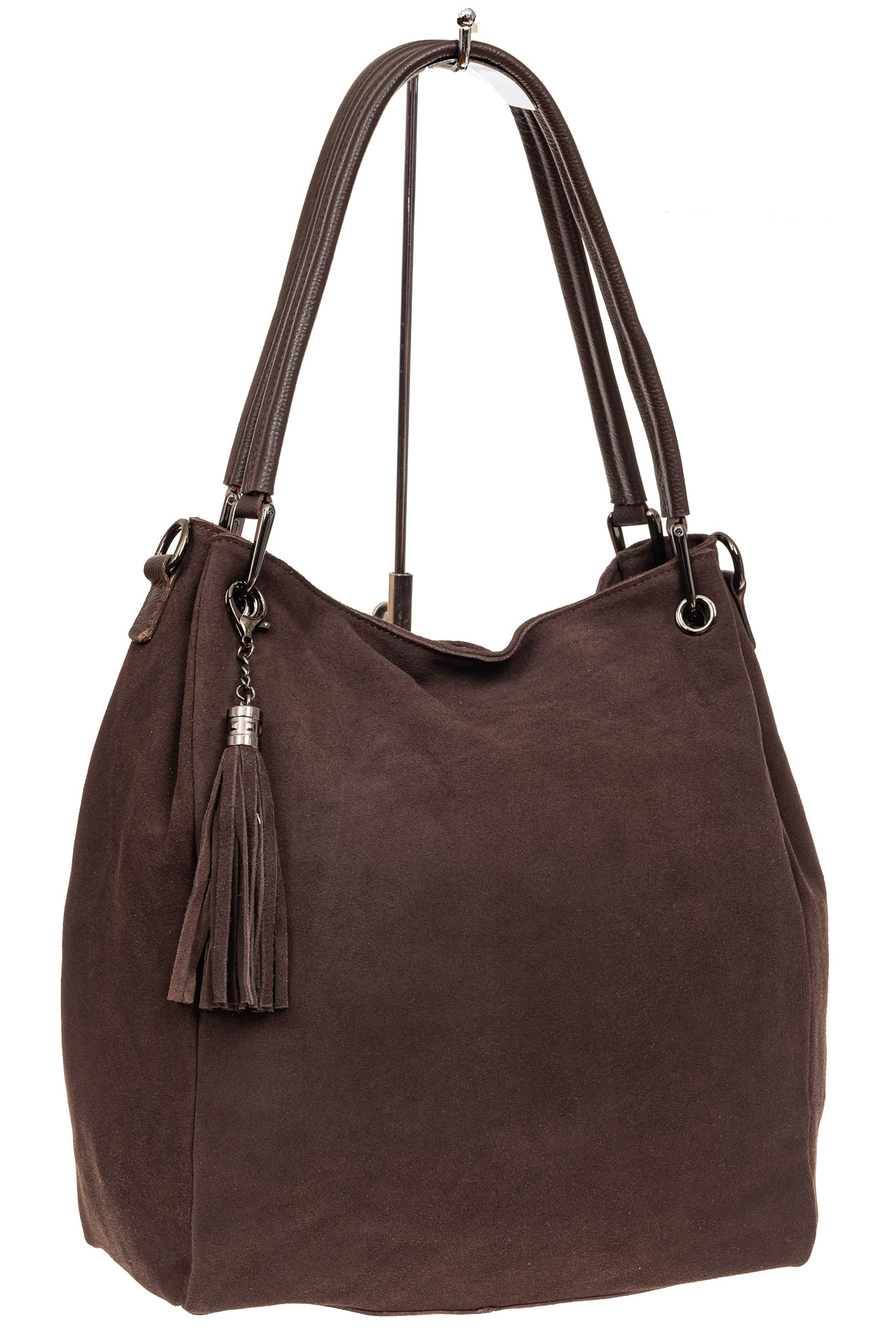 На фото 1 - Замшевая сумка тоут с кожаными ручками, цвет коричневый