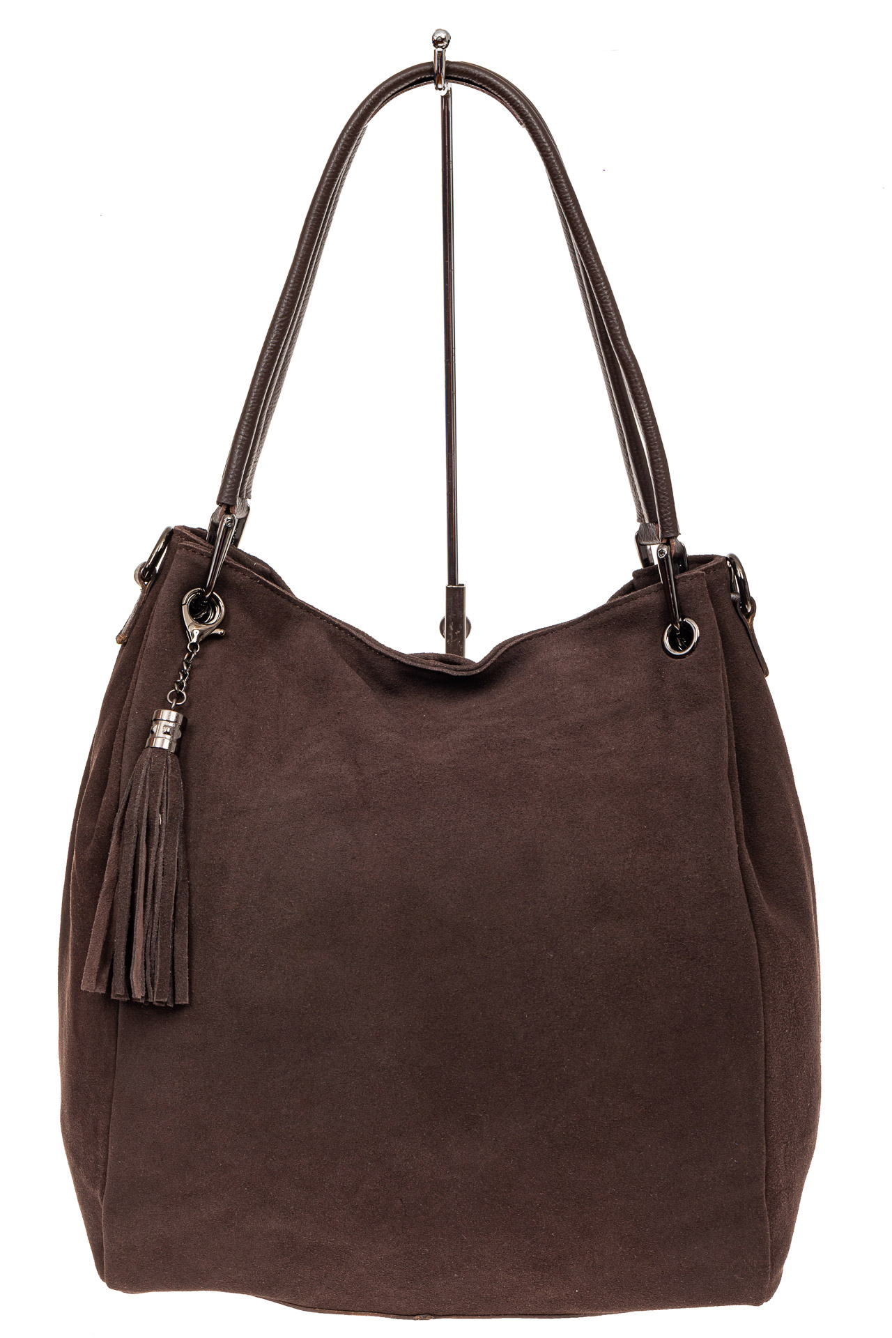 На фото 2 - Замшевая сумка тоут с кожаными ручками, цвет коричневый