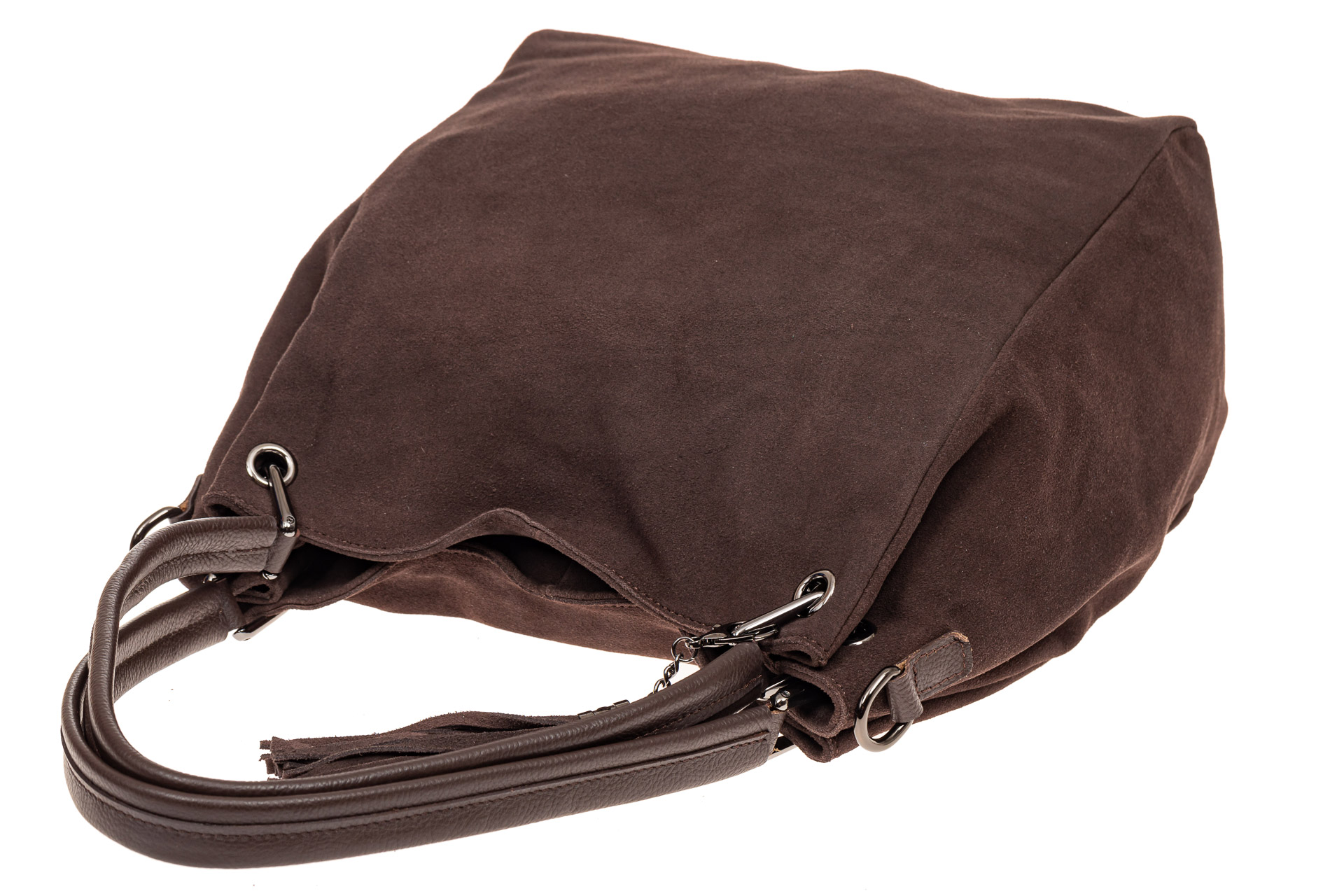 На фото 4 - Замшевая сумка тоут с кожаными ручками, цвет коричневый