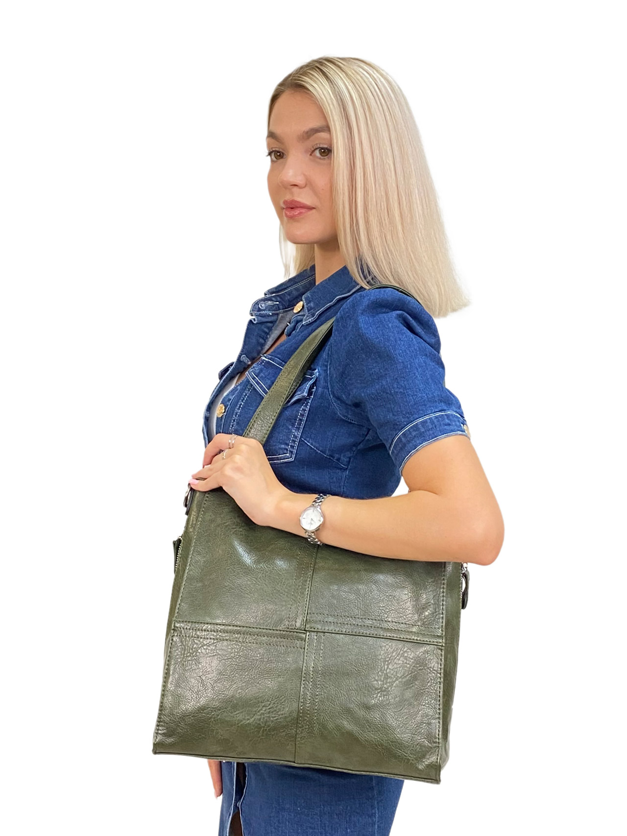 На фото 3 - Женская сумка  из искусственной кожи цвет темно оливковый