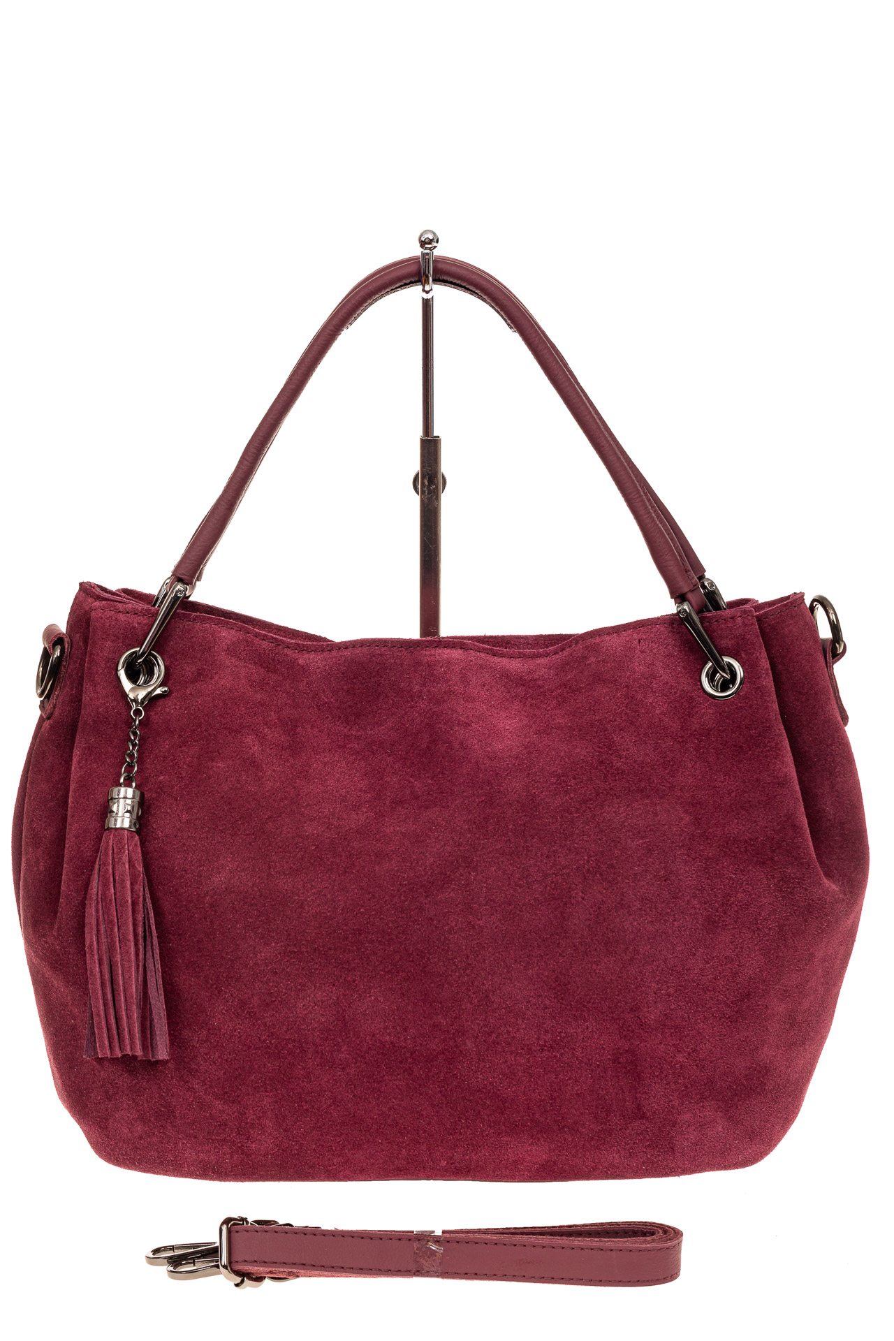 На фото 2 - Мягкая замшевая сумка, цвет бордовый