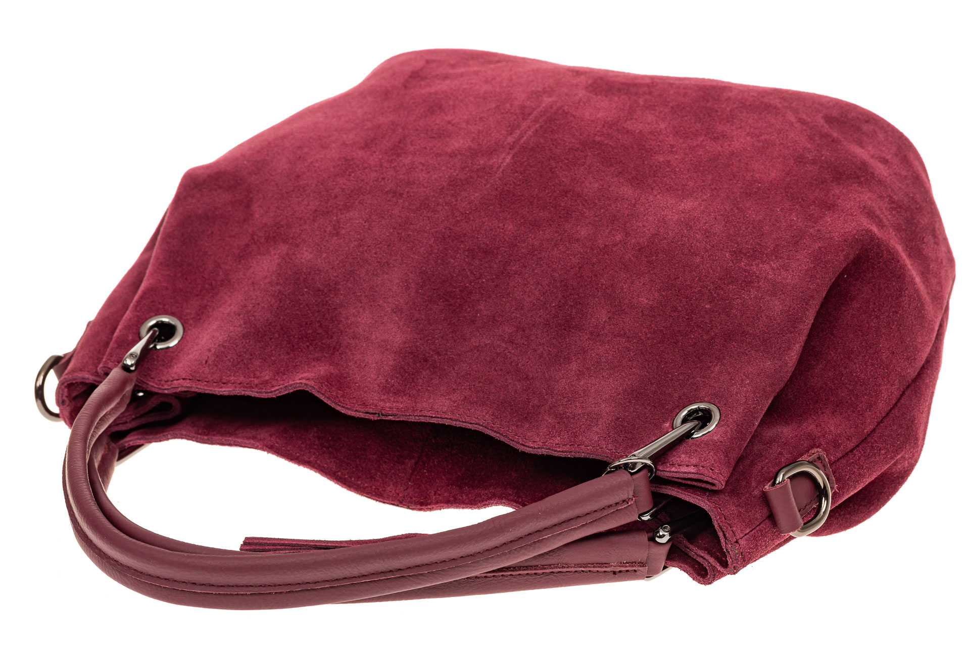На фото 4 - Мягкая замшевая сумка, цвет бордовый