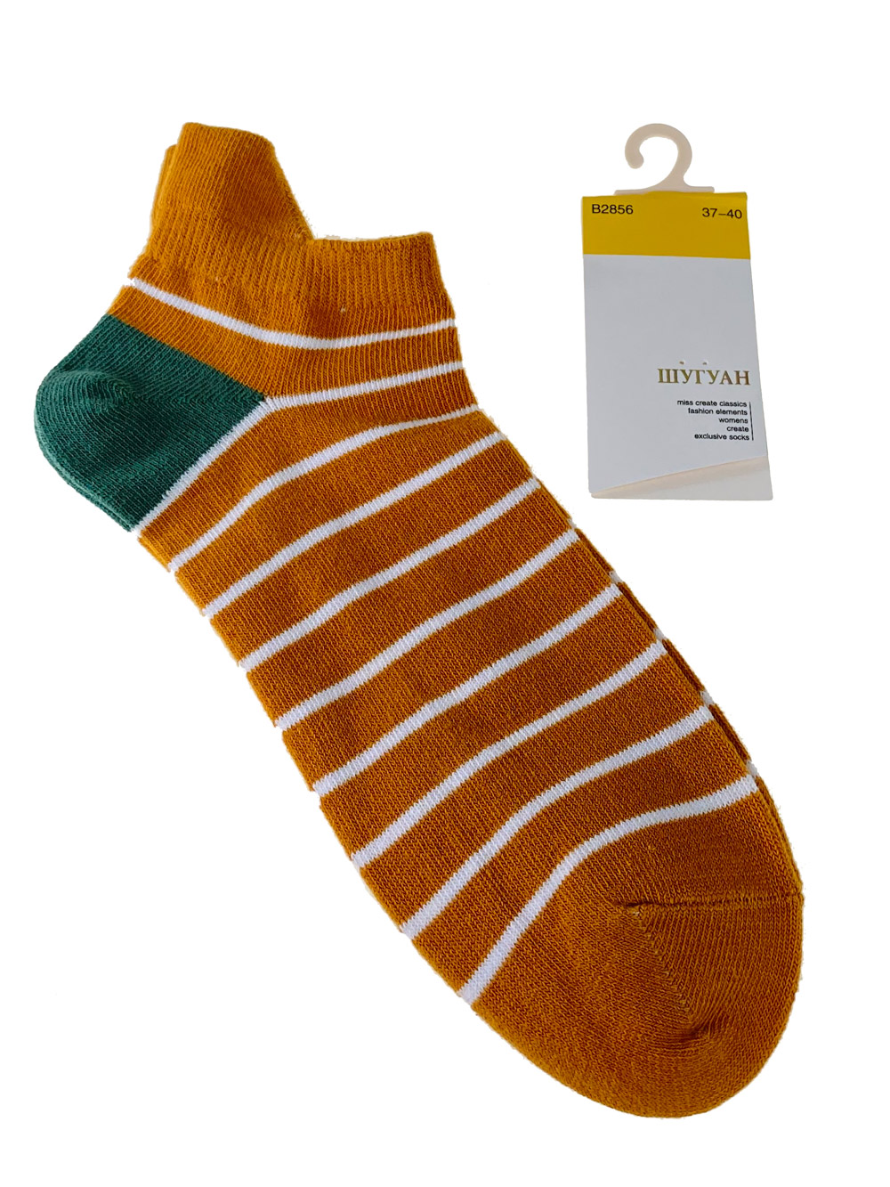 На фото 1 - Женские носки в полоску с высокой пяткой, цвет жёлто-оранжевый
