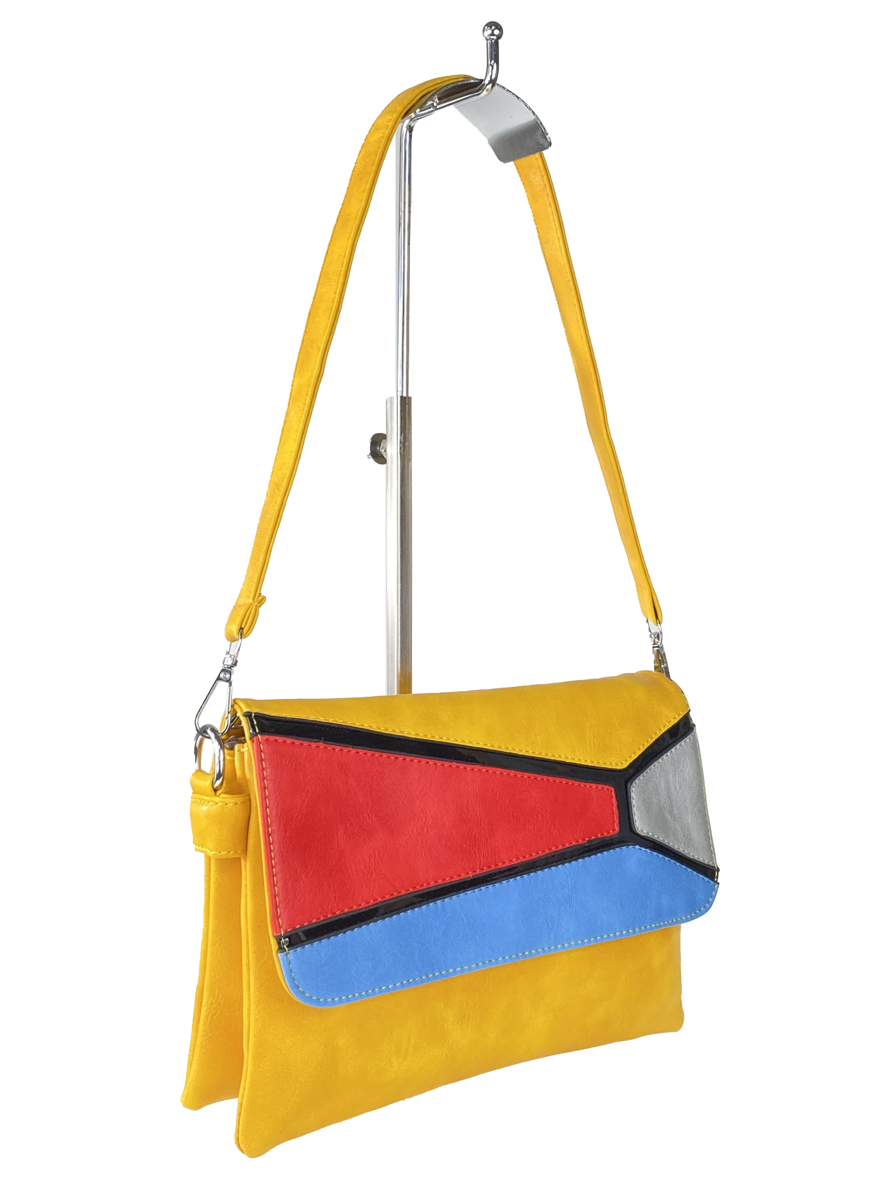 На фото 1 - Женская сумка-мессенджер из экокожи с разноцветными вставками, жёлто-оранжевый цвет