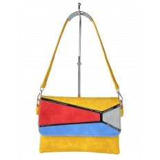 На фото 2 - Женская сумка-мессенджер из экокожи с разноцветными вставками, жёлто-оранжевый цвет