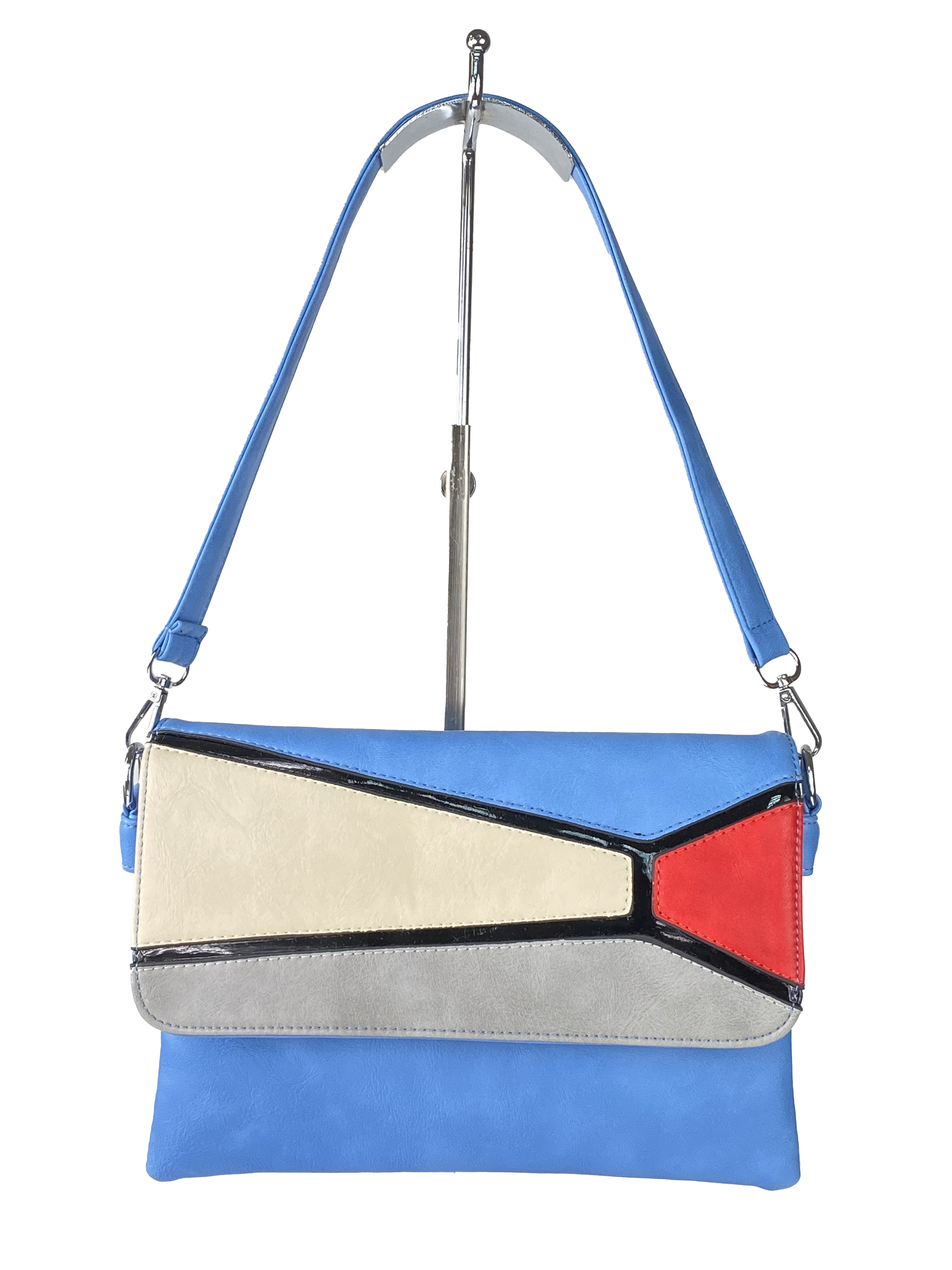 На фото 2 - Женская сумка-мессенджер из экокожи с разноцветными вставками, голубой цвет