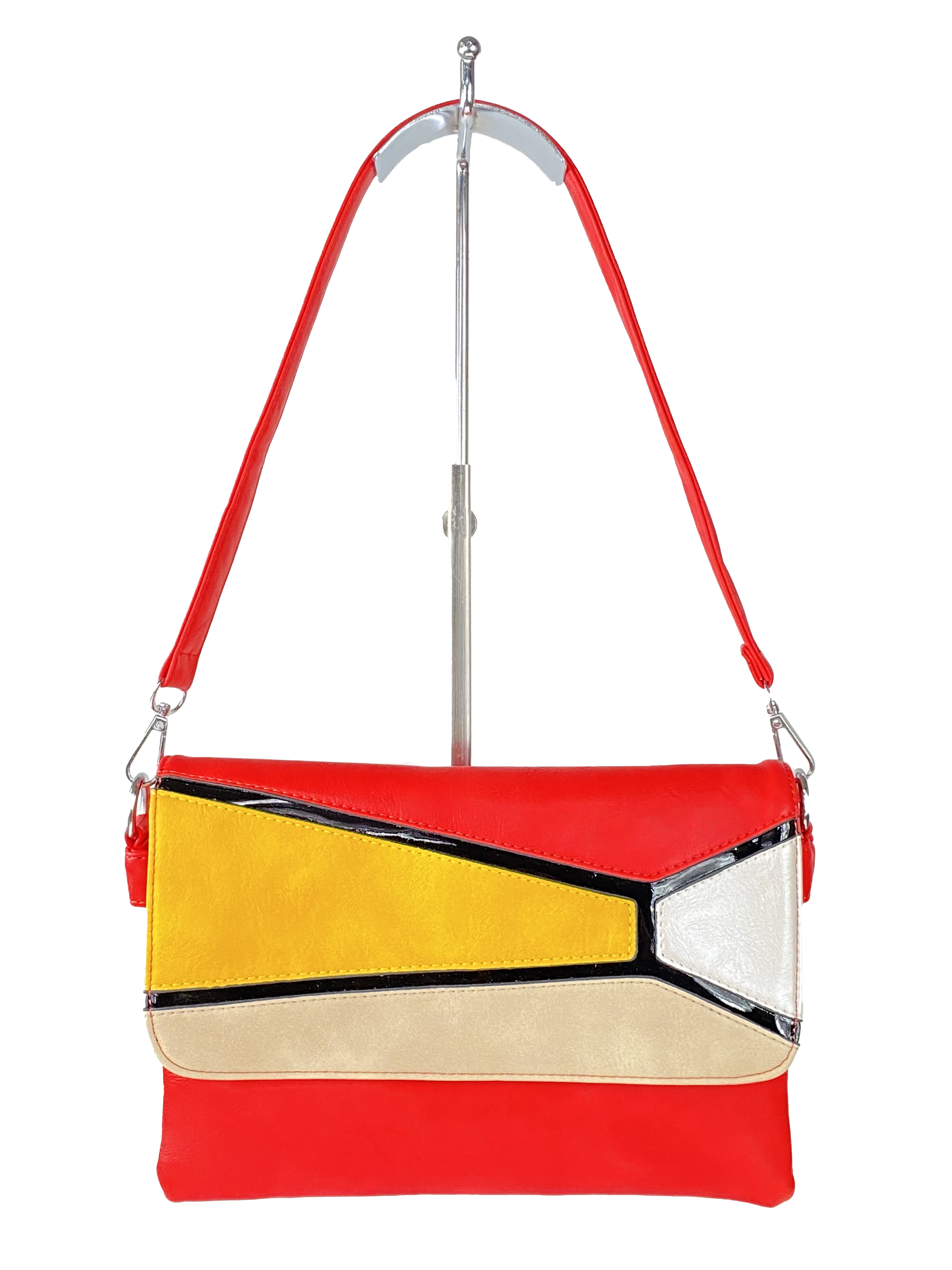 На фото 2 - Женская сумка-мессенджер из экокожи с разноцветными вставками, красный цвет