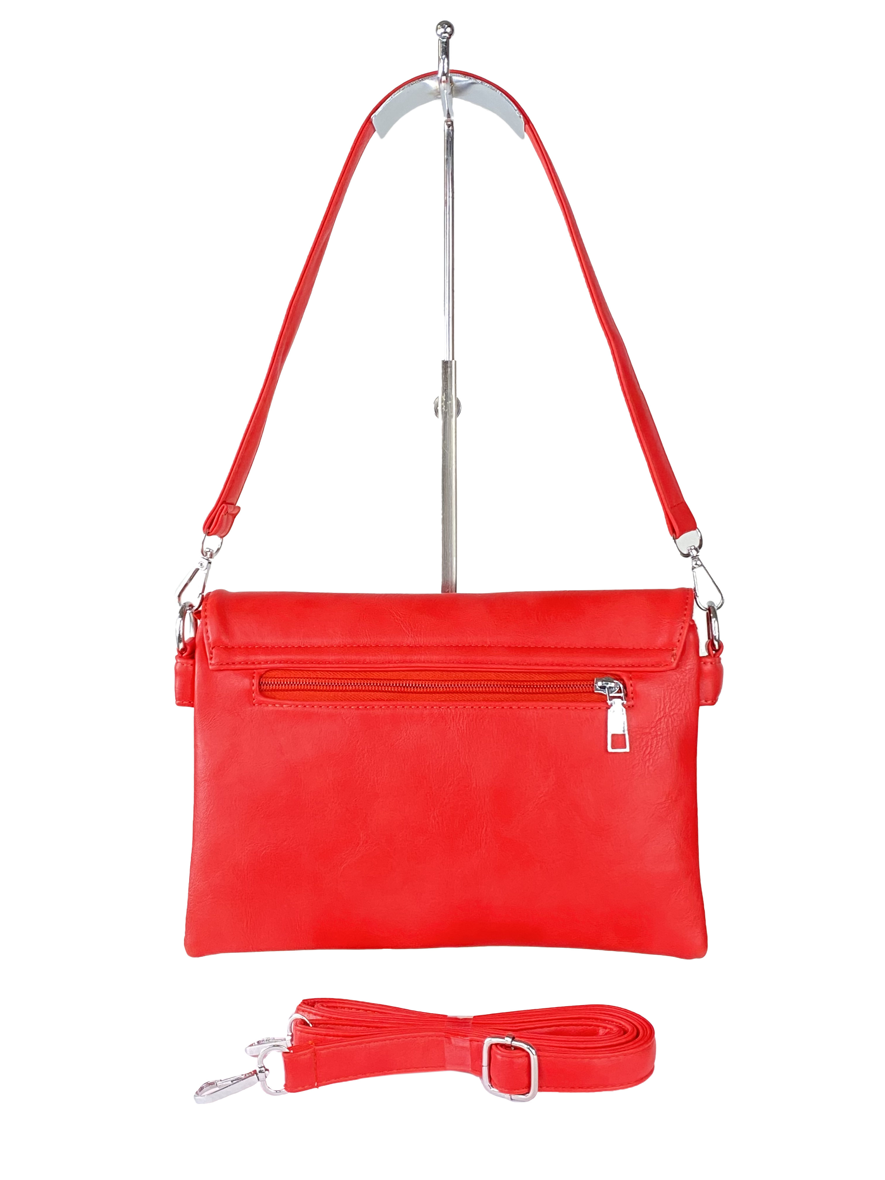 На фото 3 - Женская сумка-мессенджер из экокожи с разноцветными вставками, красный цвет