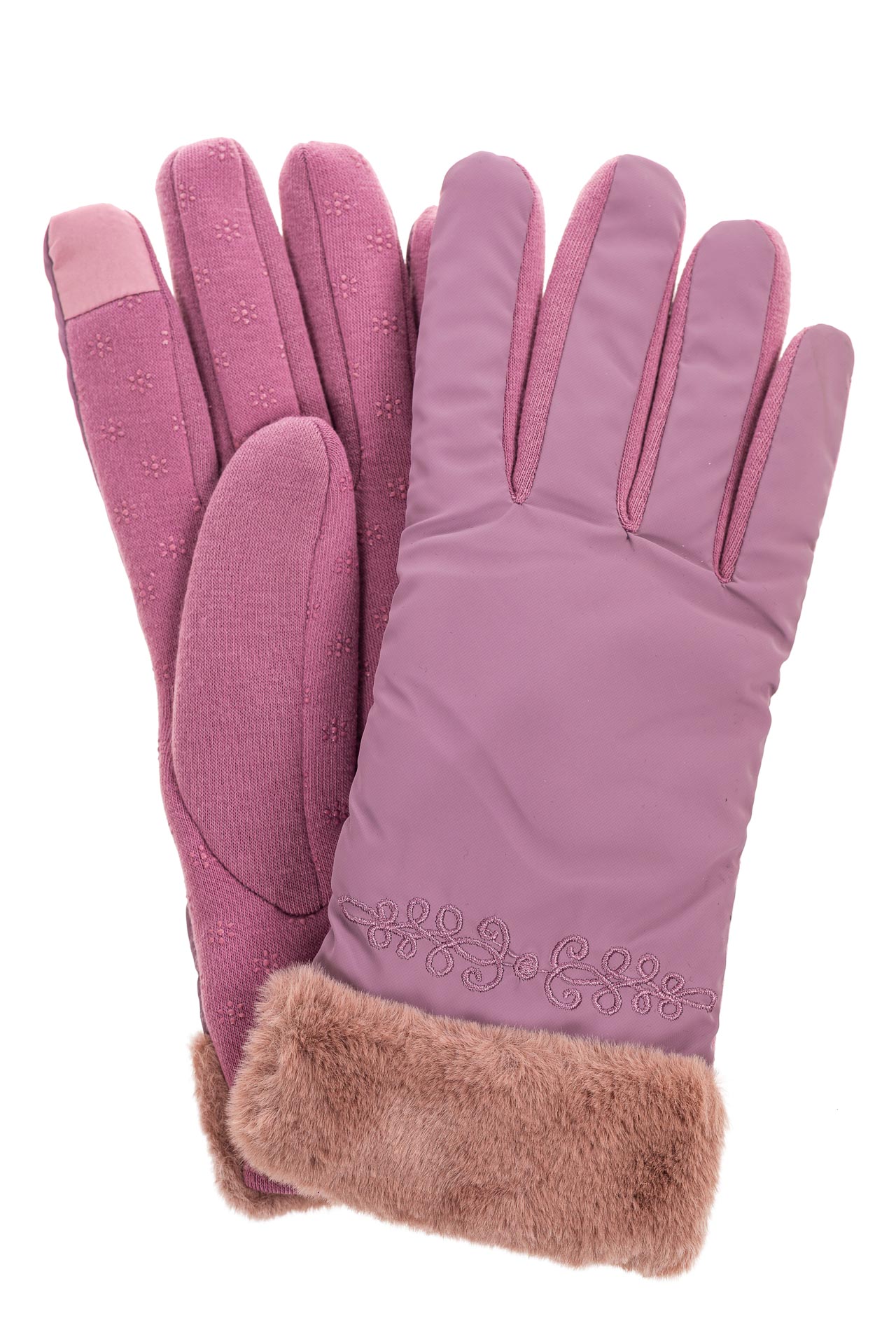 На фото 1 - Классические перчатки женские с мехом, цвет пудра