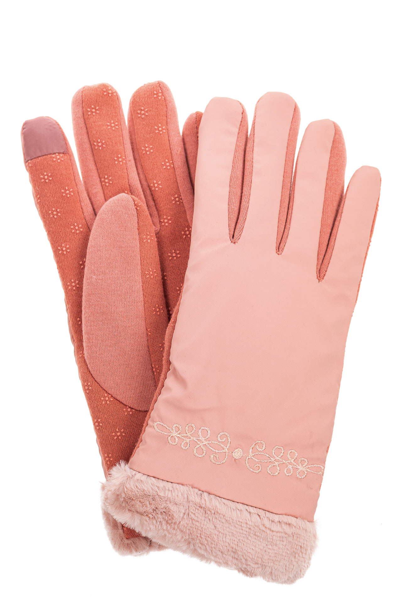 На фото 1 - Классические перчатки женские с мехом и вышивкой, цвет розовый