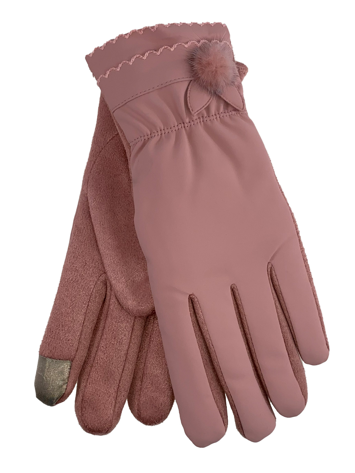 На фото 1 - Утеплённые женские перчатки из непромокаемого материала и велюра с украшением, цвет розовый