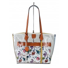 На фото 2 - Прозрачная летняя сумка из ПВХ с текстильной косметичкой, цвет оранжевый