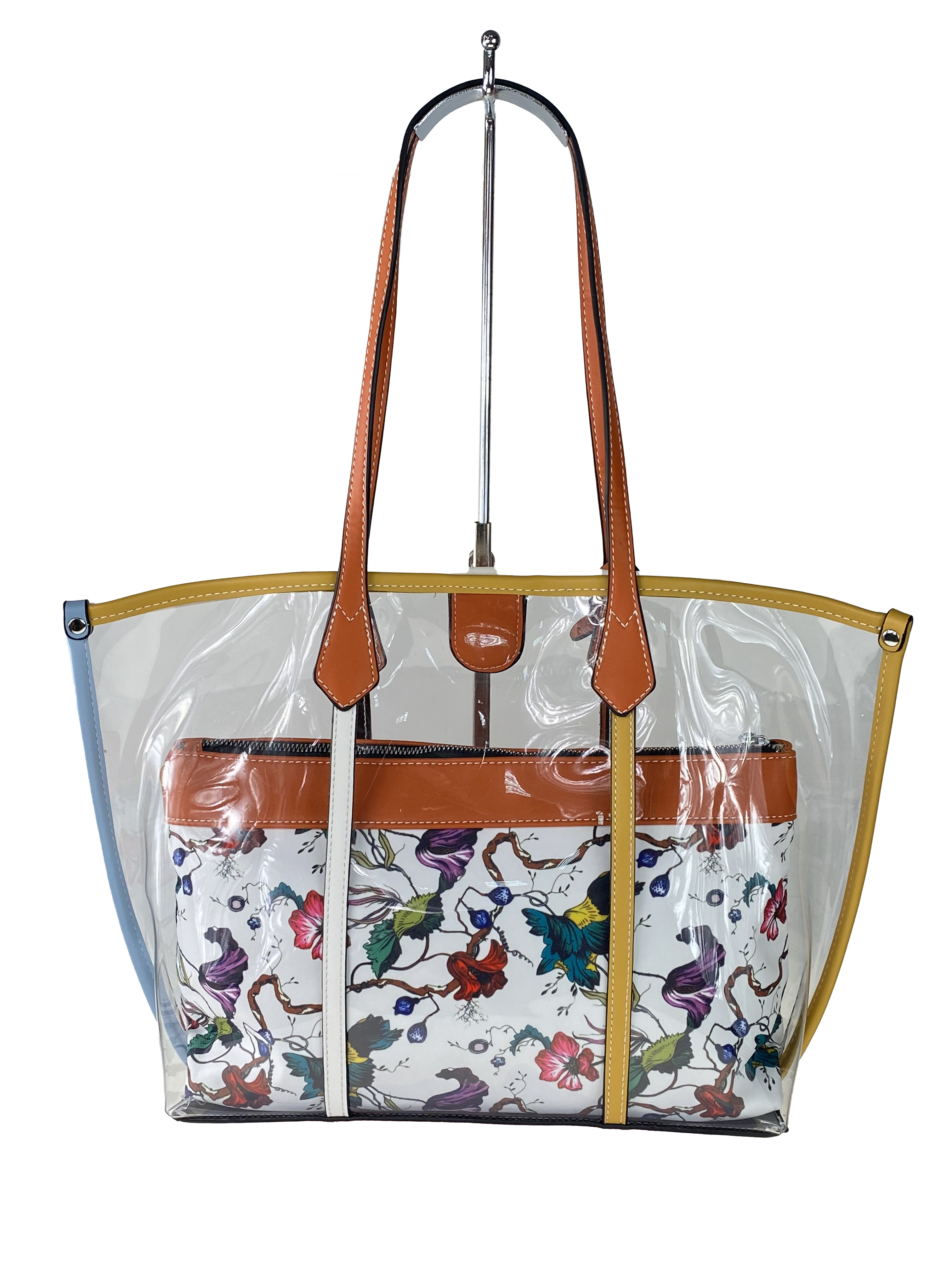 На фото 3 - Прозрачная летняя сумка из ПВХ с текстильной косметичкой, цвет оранжевый