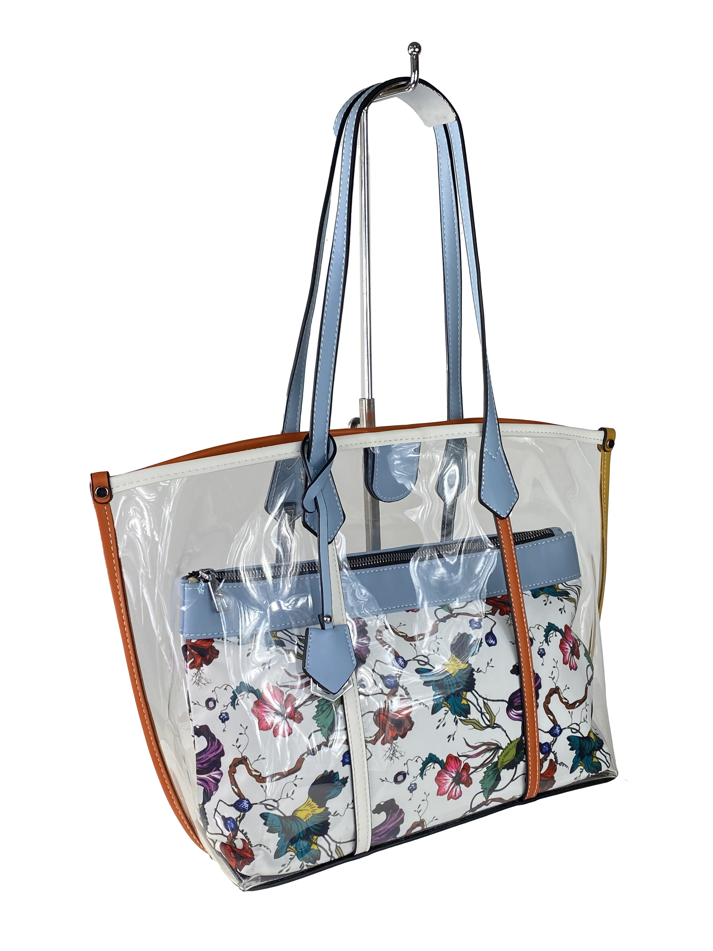 На фото 1 - Прозрачная летняя сумка из ПВХ с текстильной косметичкой, цвет голубой
