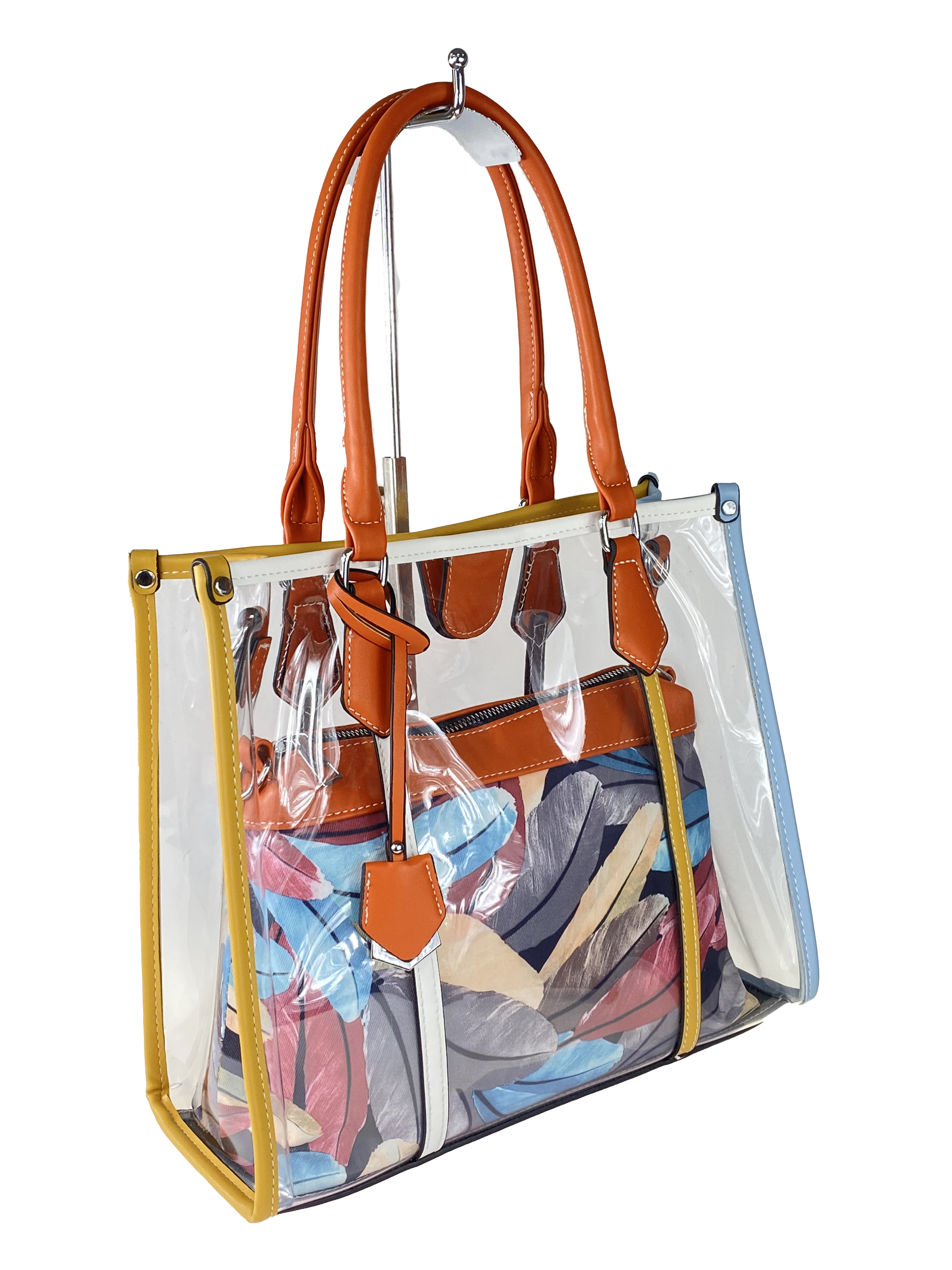 На фото 1 - Летняя прозрачная сумка из ПВХ с косметичкой из текстиля, цвет оранжевый