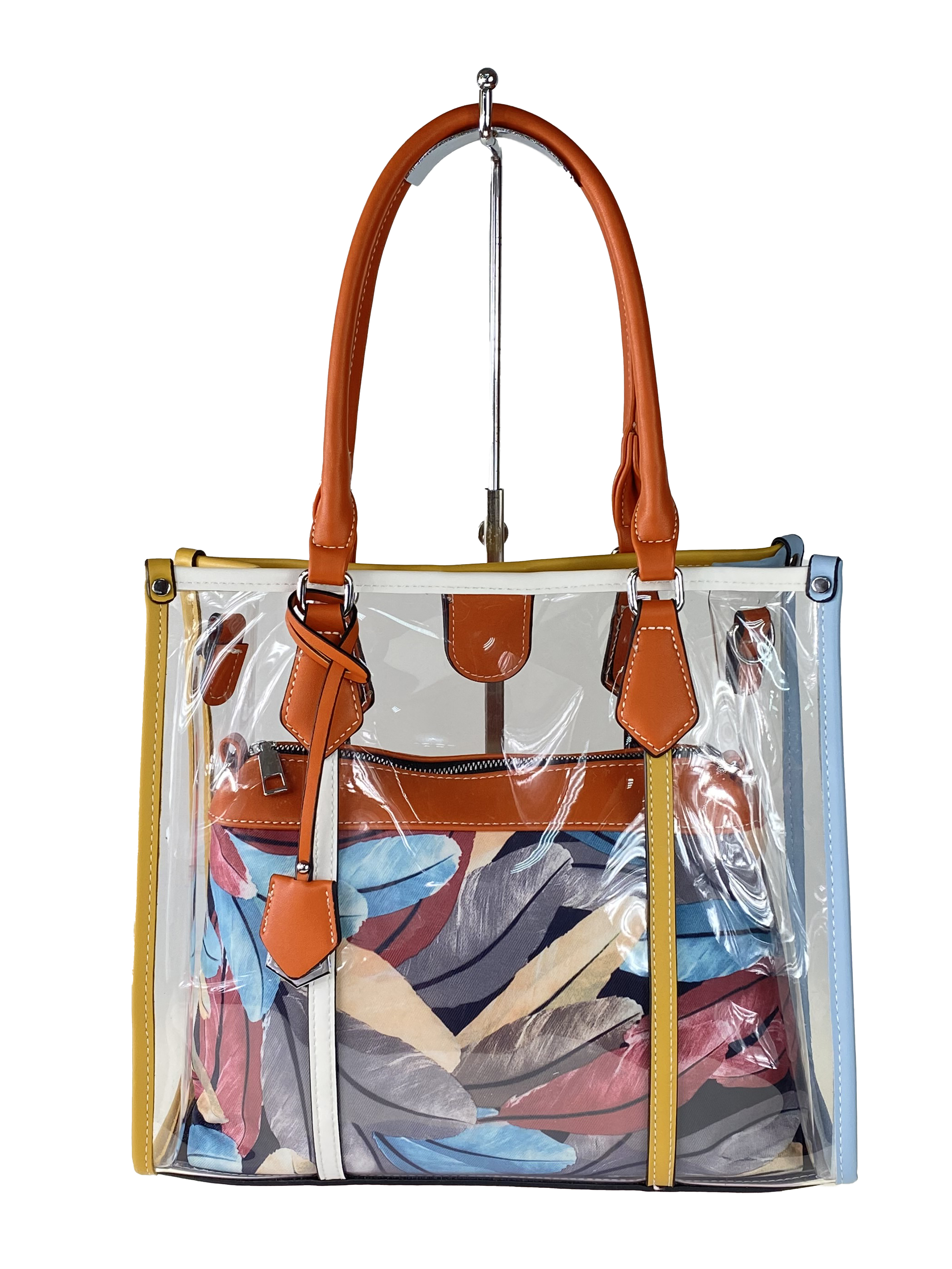 На фото 2 - Летняя прозрачная сумка из ПВХ с косметичкой из текстиля, цвет оранжевый