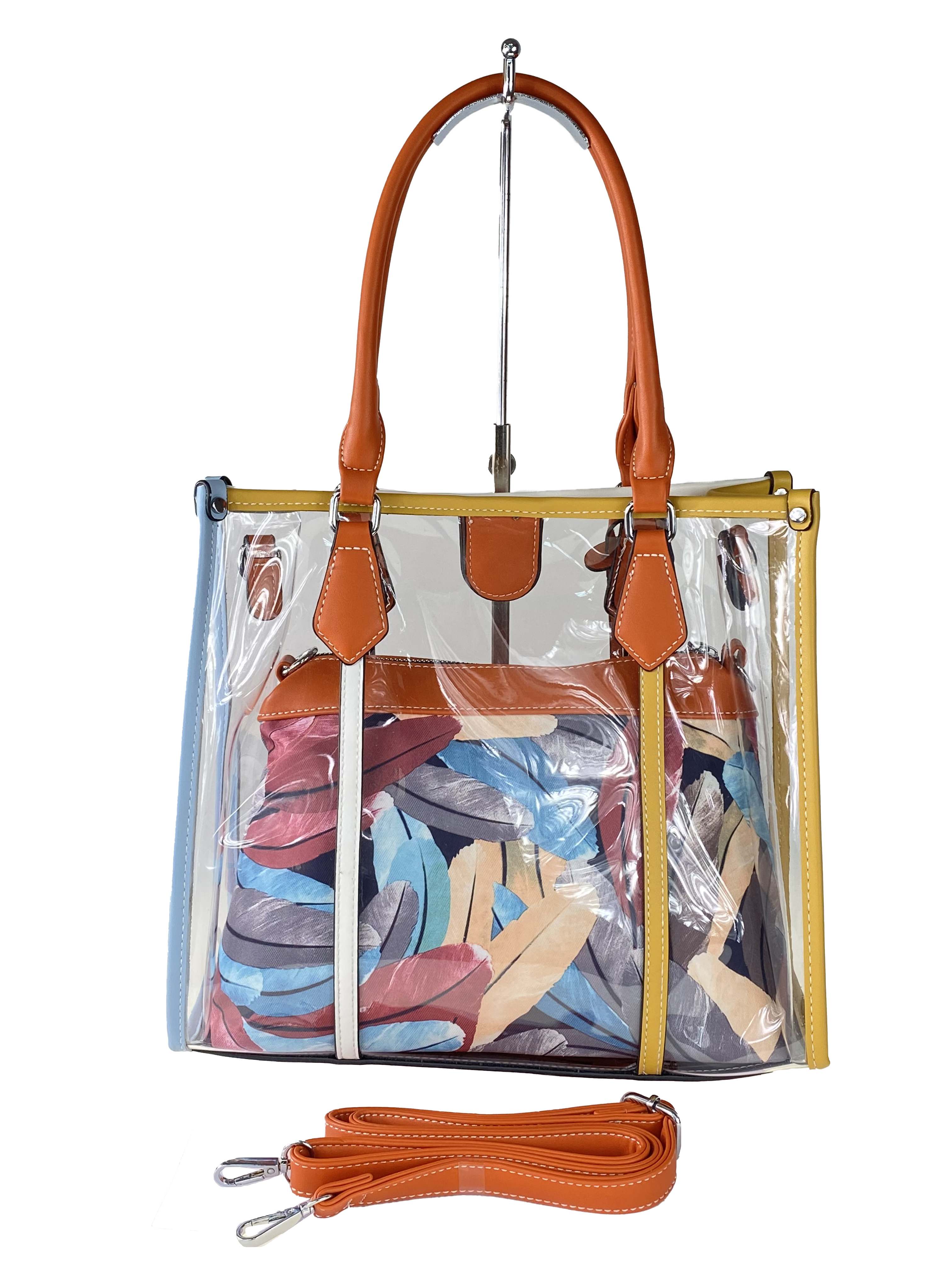 На фото 3 - Летняя прозрачная сумка из ПВХ с косметичкой из текстиля, цвет оранжевый
