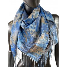 На фото 2 - Двухсторонний лёгкий платок из кашемира с узором, цвет голубой