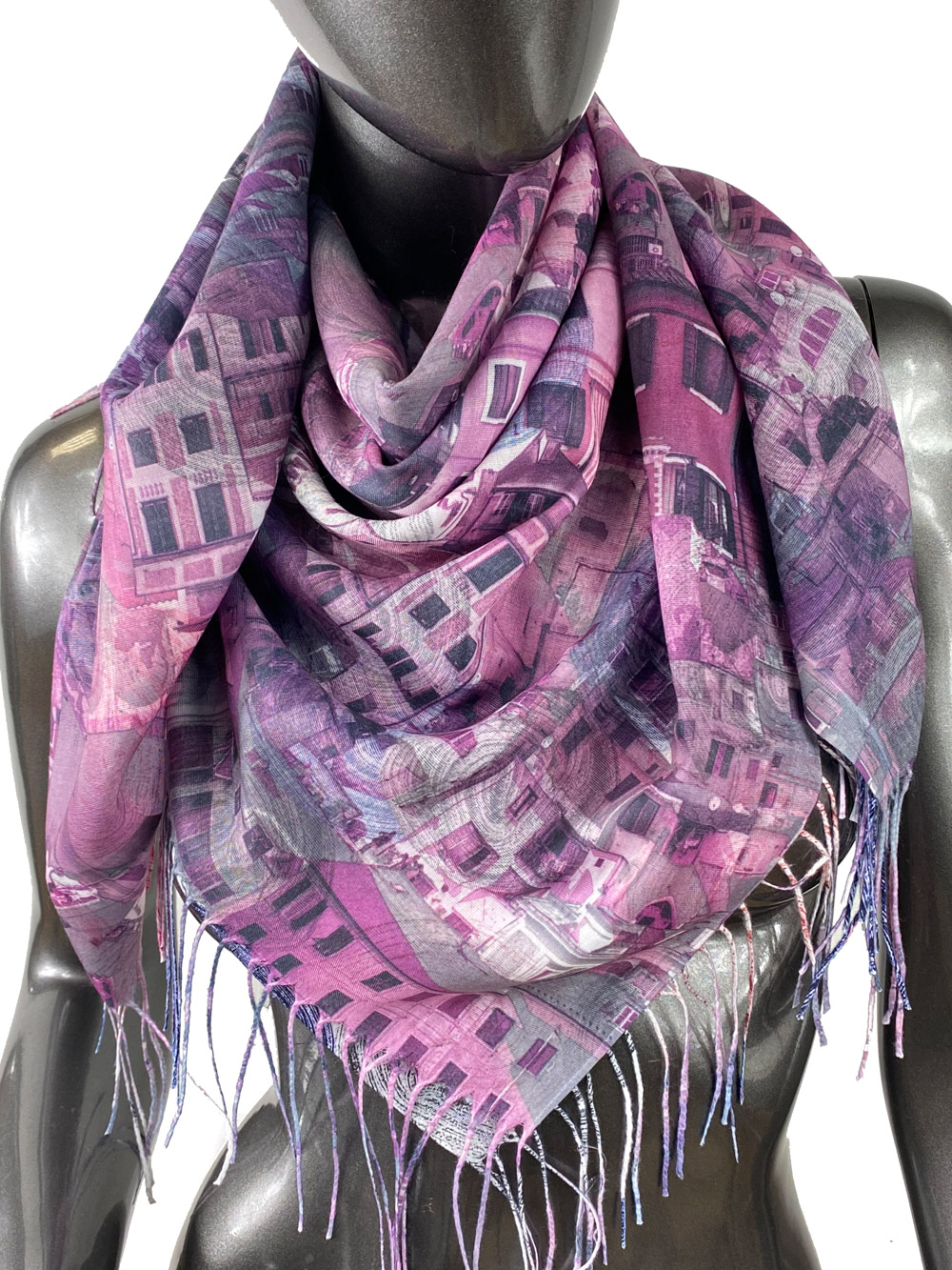 На фото 2 - Двухсторонний лёгкий платок из кашемира с узором, цвет розово-фиолетовый