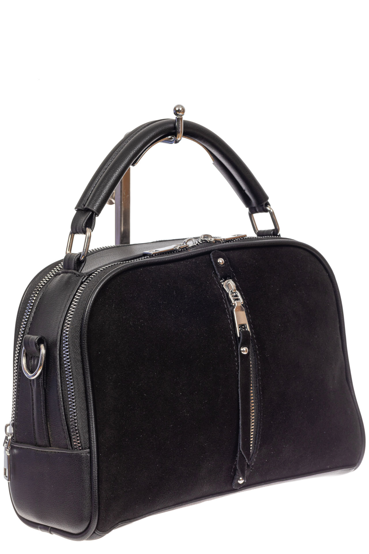 На фото 1 - Женская сумка-купол из комбинированных материалов, цвет чёрный