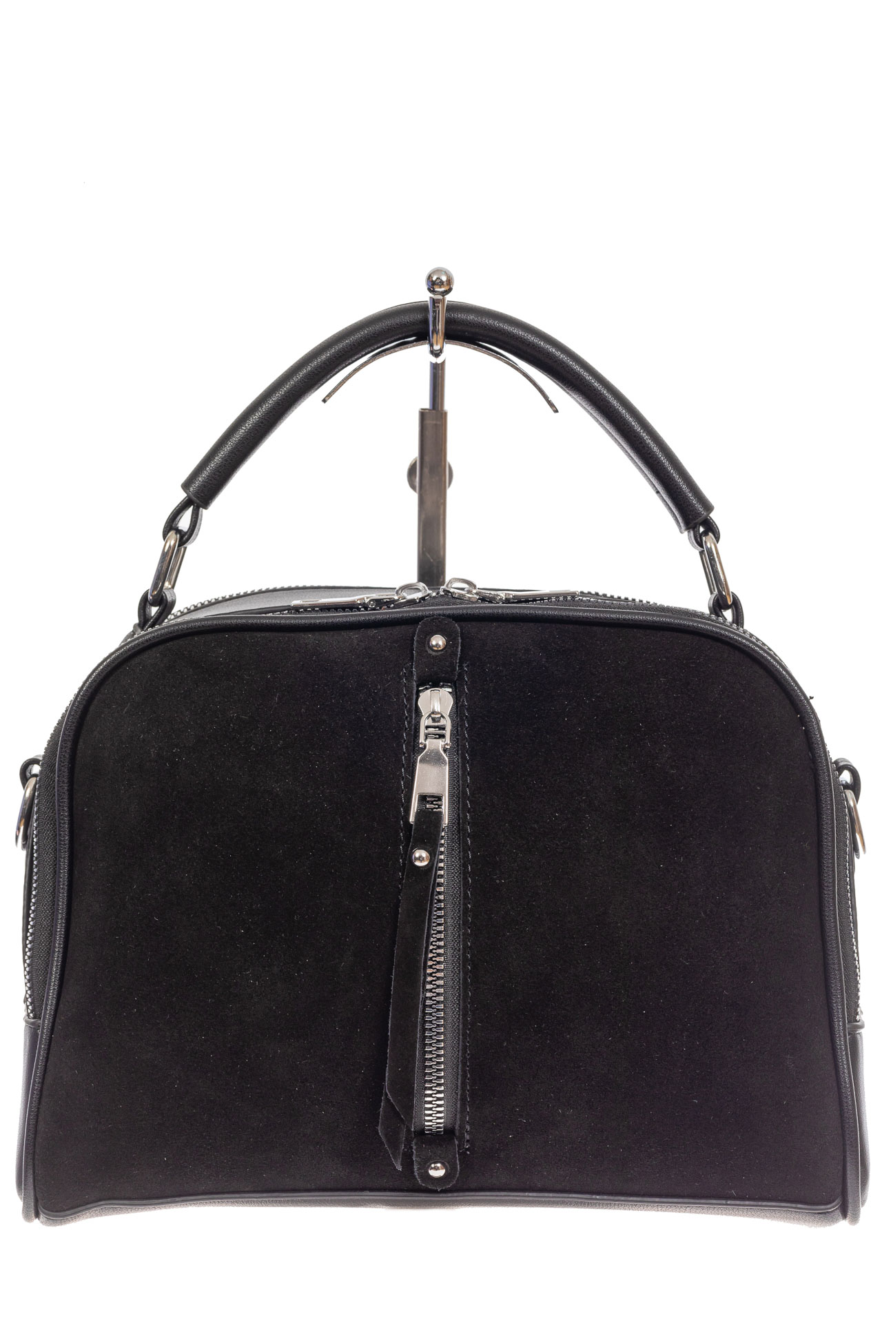 На фото 2 - Женская сумка-купол из комбинированных материалов, цвет чёрный