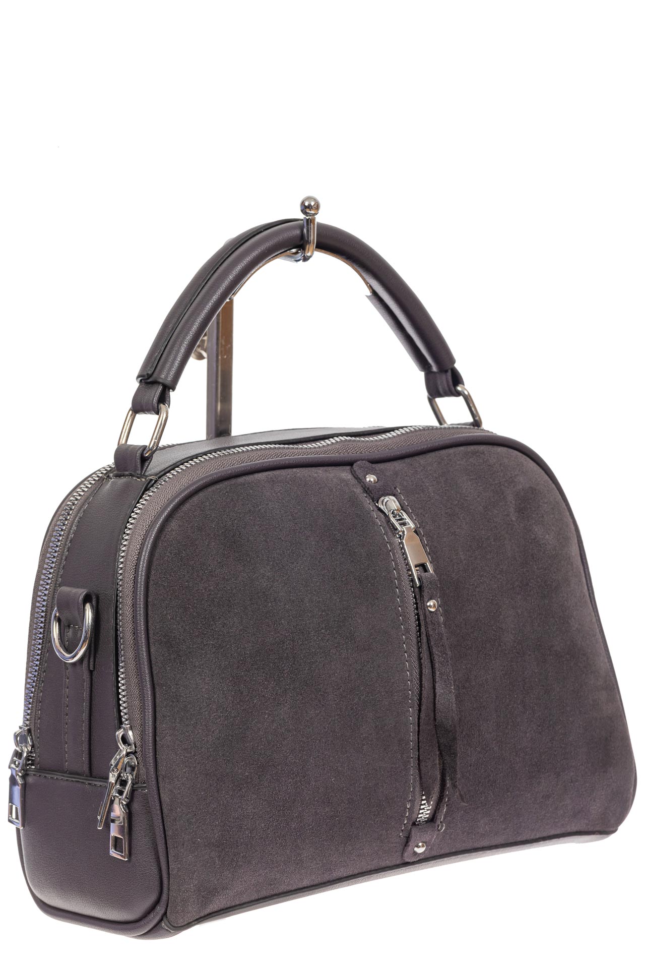 На фото 1 - Женская сумка-купол из комбинированных материалов, цвет серый