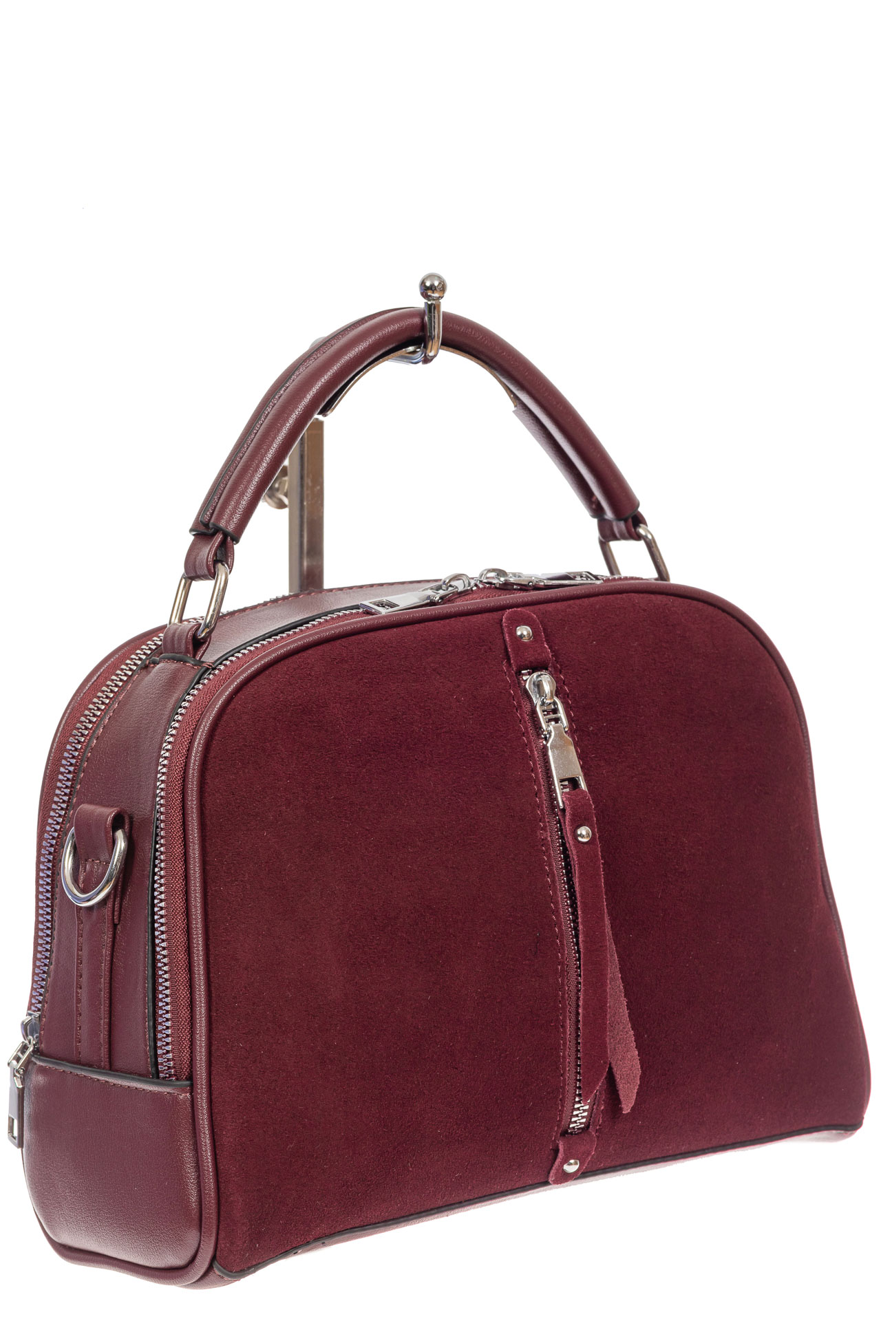 На фото 1 - Женская сумка-купол из комбинированных материалов, цвет бордовый