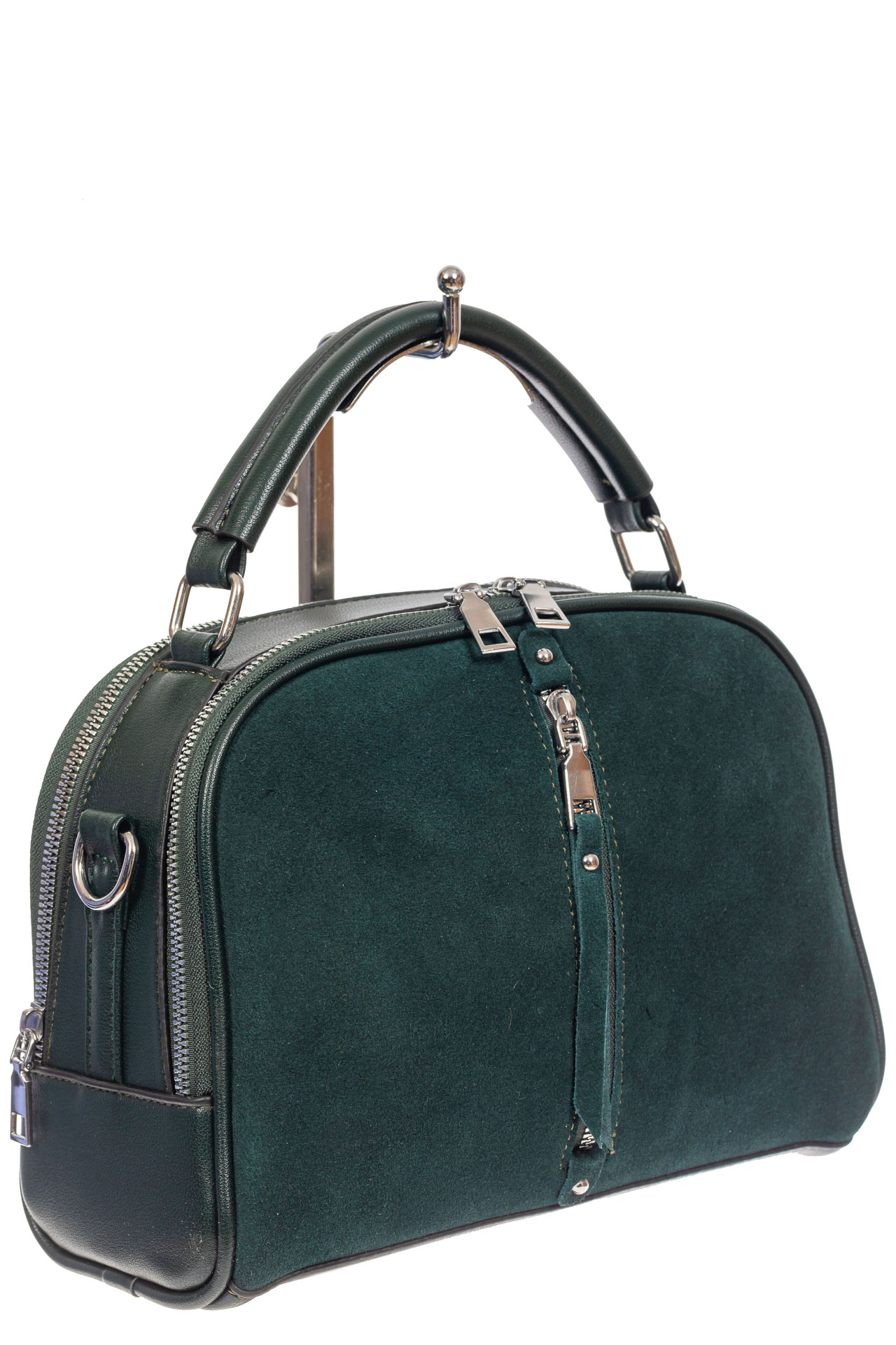 На фото 1 - Женская сумка-купол из комбинированных материалов, цвет зелёный