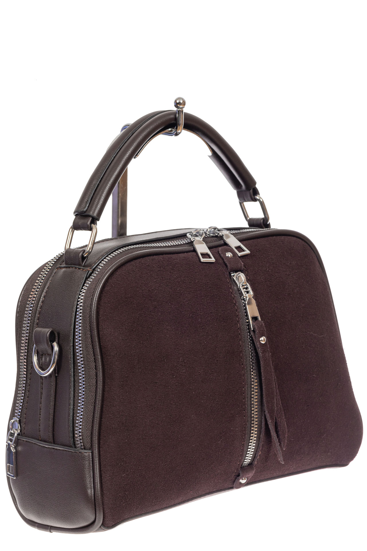 На фото 1 - Женская сумка-купол из комбинированных материалов, цвет коричневый