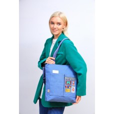 На фото 1 - Женская сумка шоппер из текстиля, цвет голубой