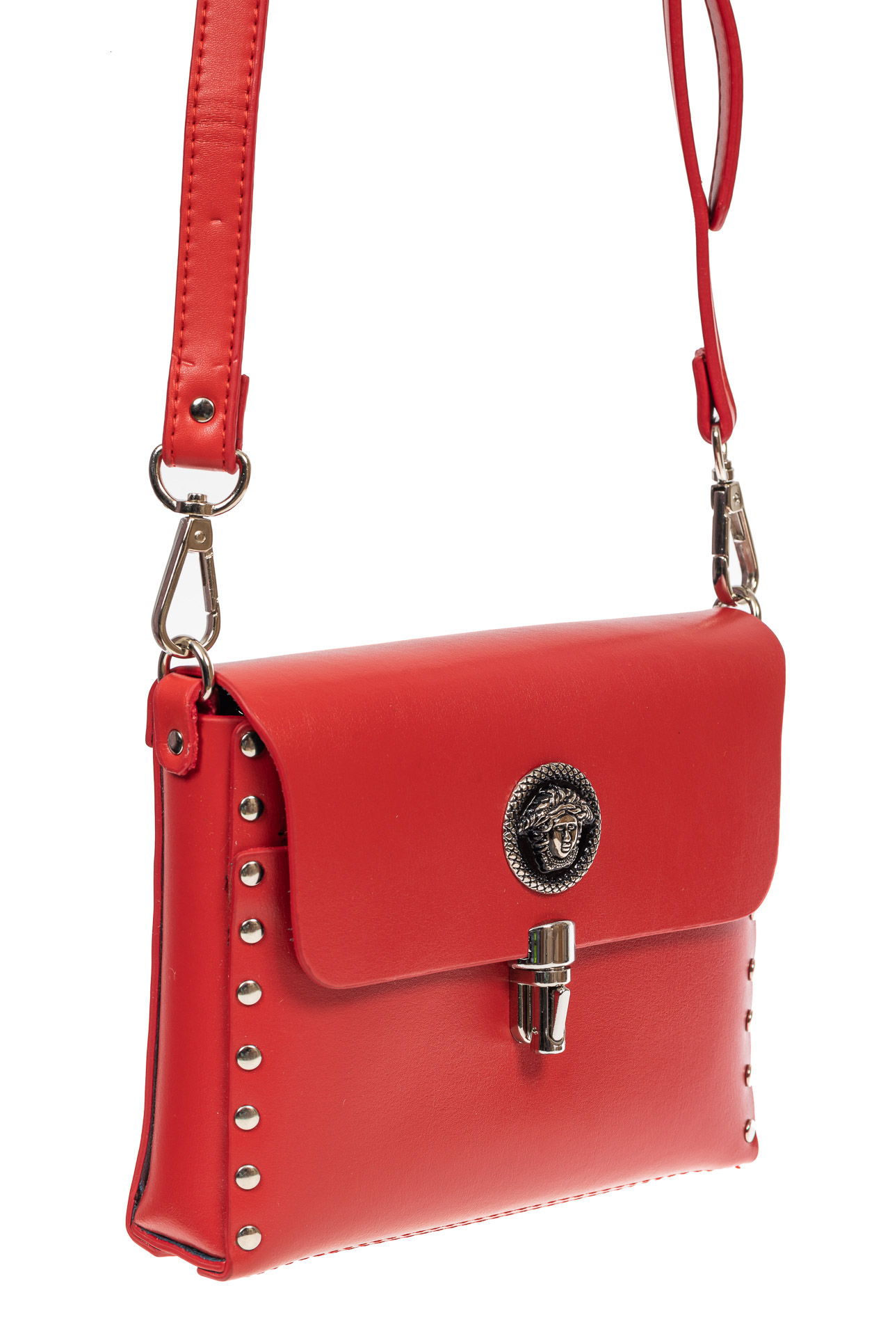 На фото 1 - Женская каркасная сумочка из натуральной кожи с металлическим декором, цвет красный