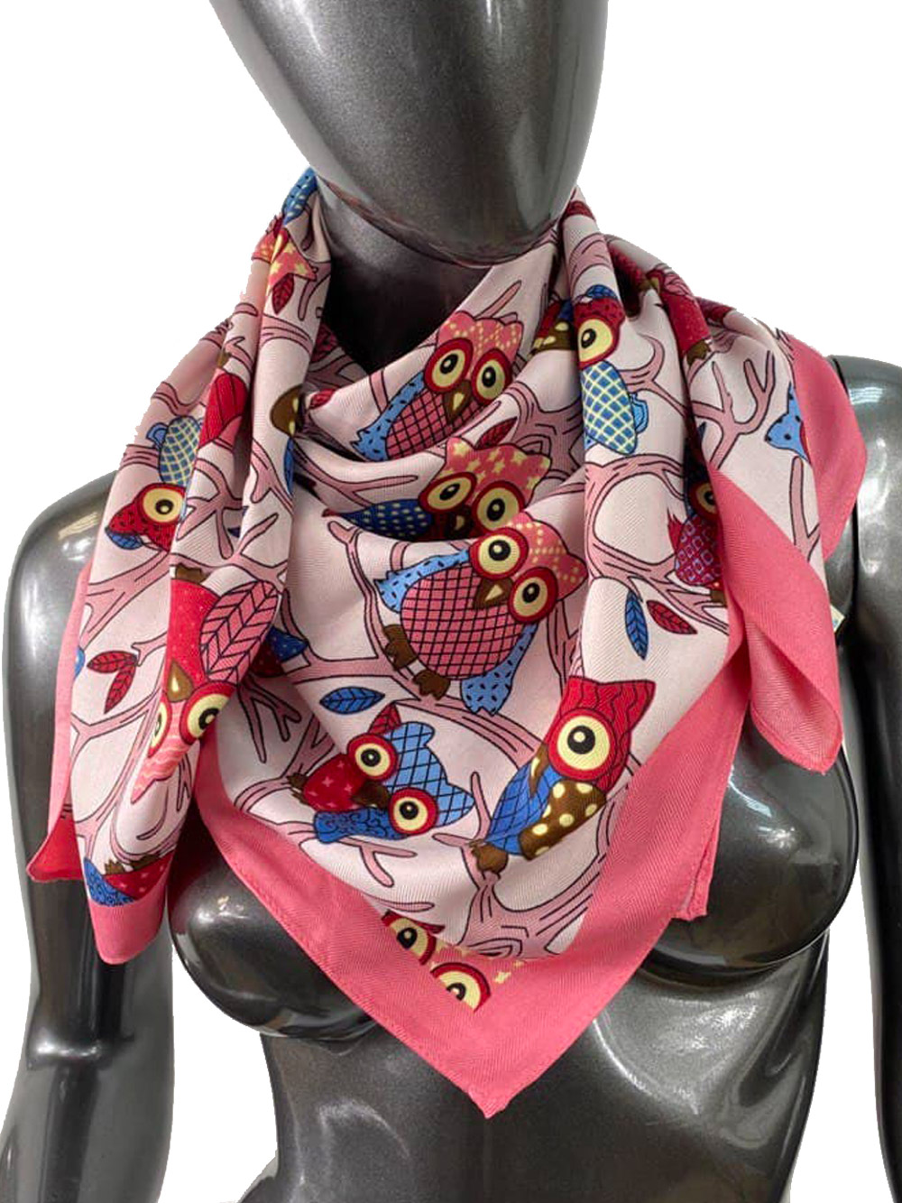 На фото 1 - Шёлковый платок с совами, цвет ярко-розовый