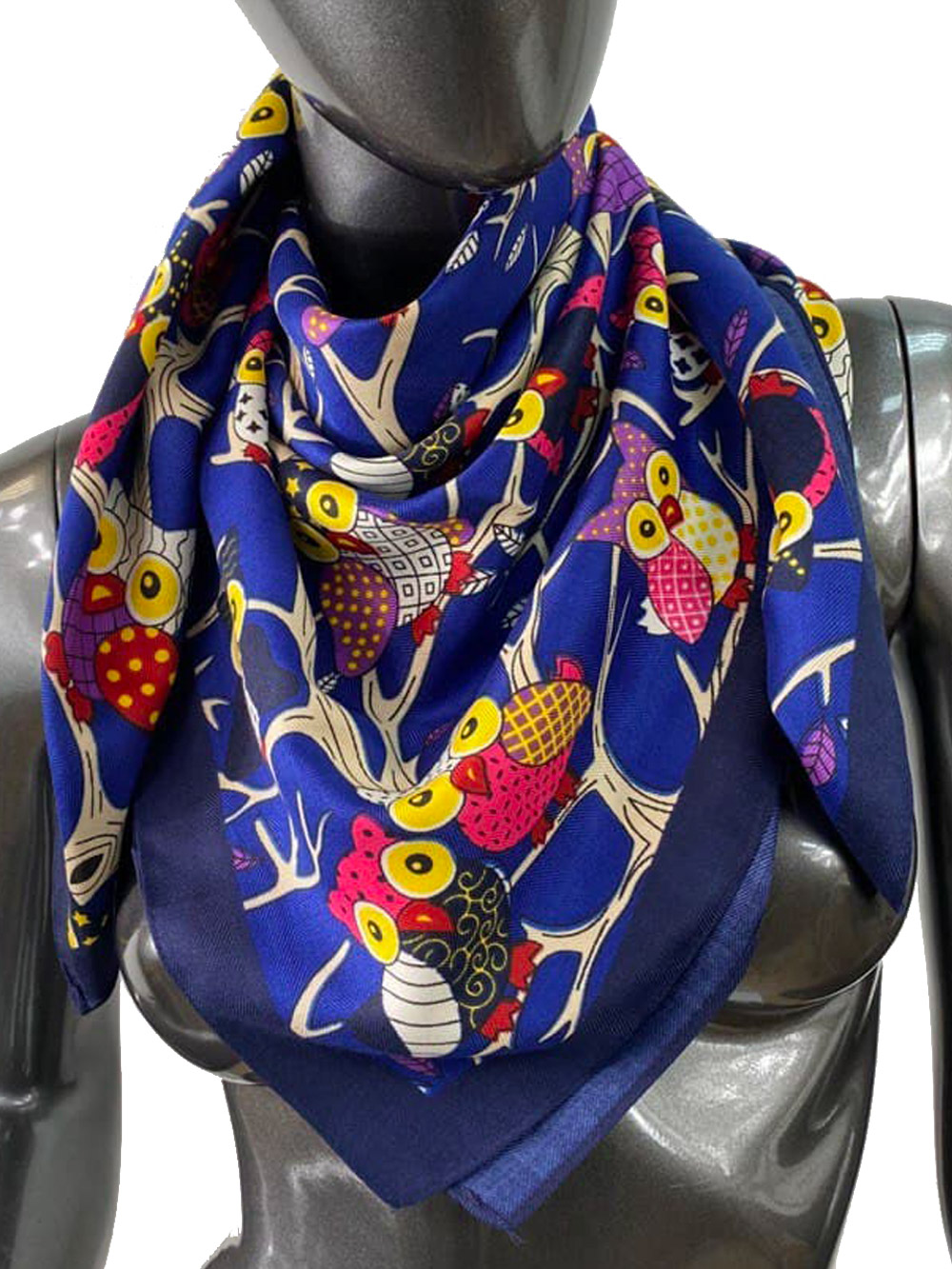 На фото 1 - Кашемировый платок с совами, цвет тёмно-синий