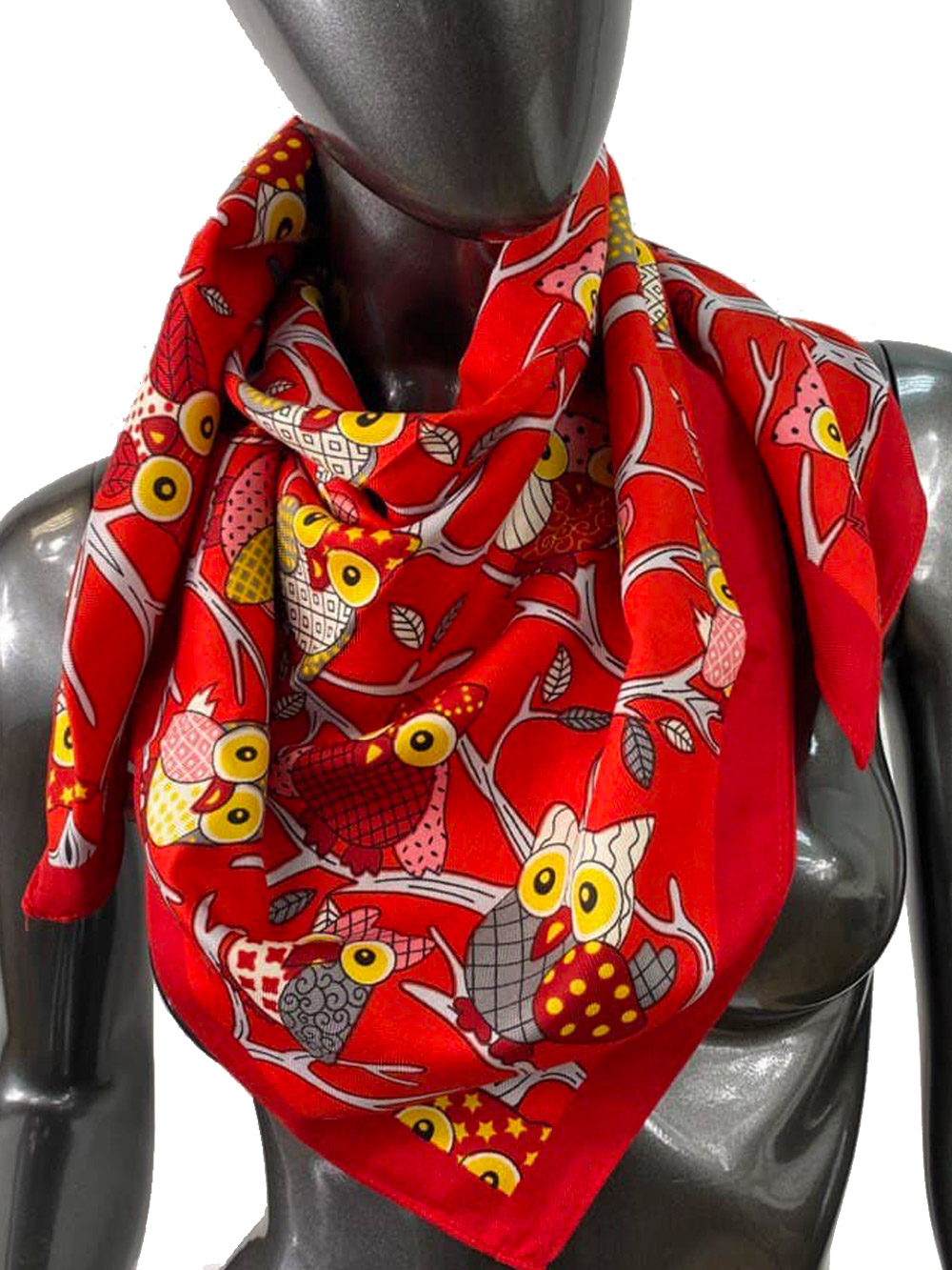 На фото 1 - Шёлковый платок с совами, цвет красный