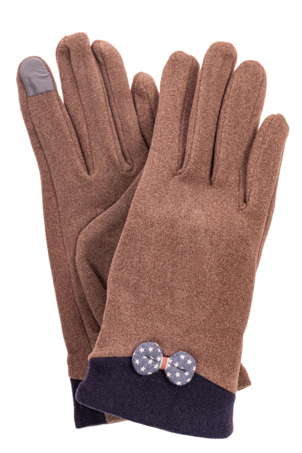 На фото 1 - Классические перчатки женские из текстиля с бантиком, цвет бежево-коричневый