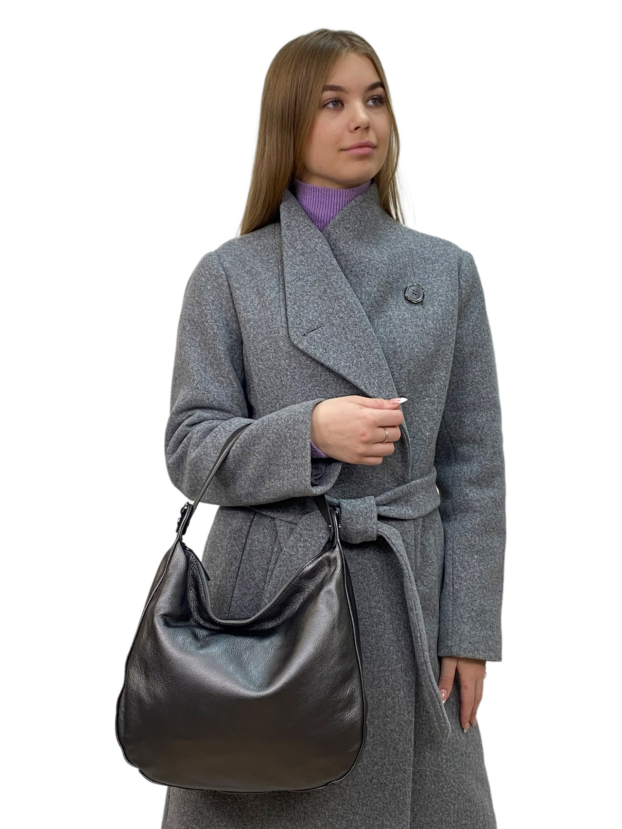 На фото 1 - Женская сумка  из натуральной кожи, цвет серый металлик