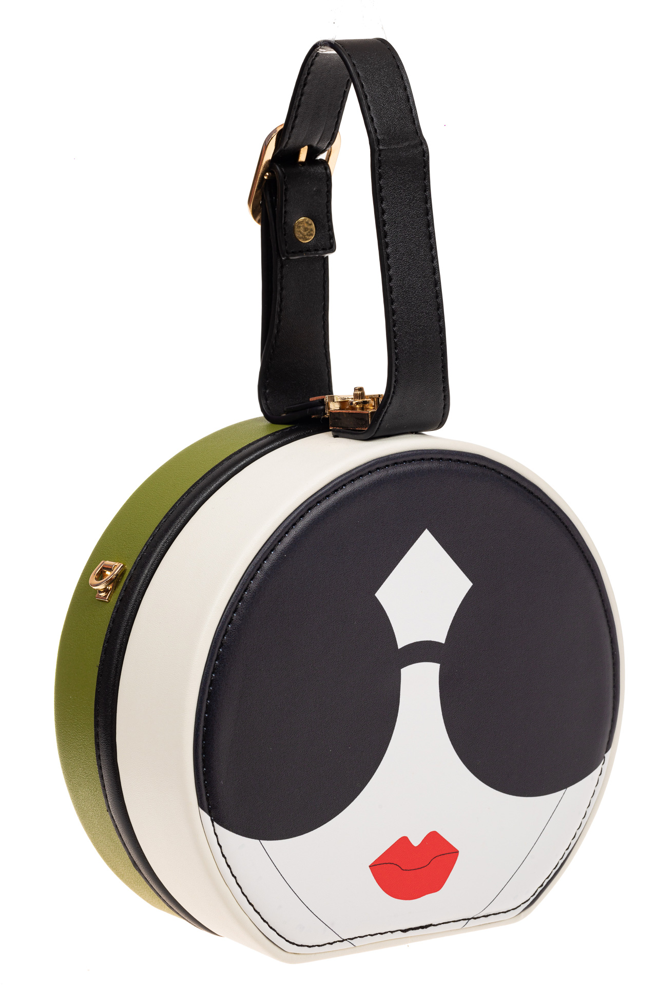 На фото 1 - Каркасная круглая сумочка из искусственной кожи, цвет белый с черным и зеленым