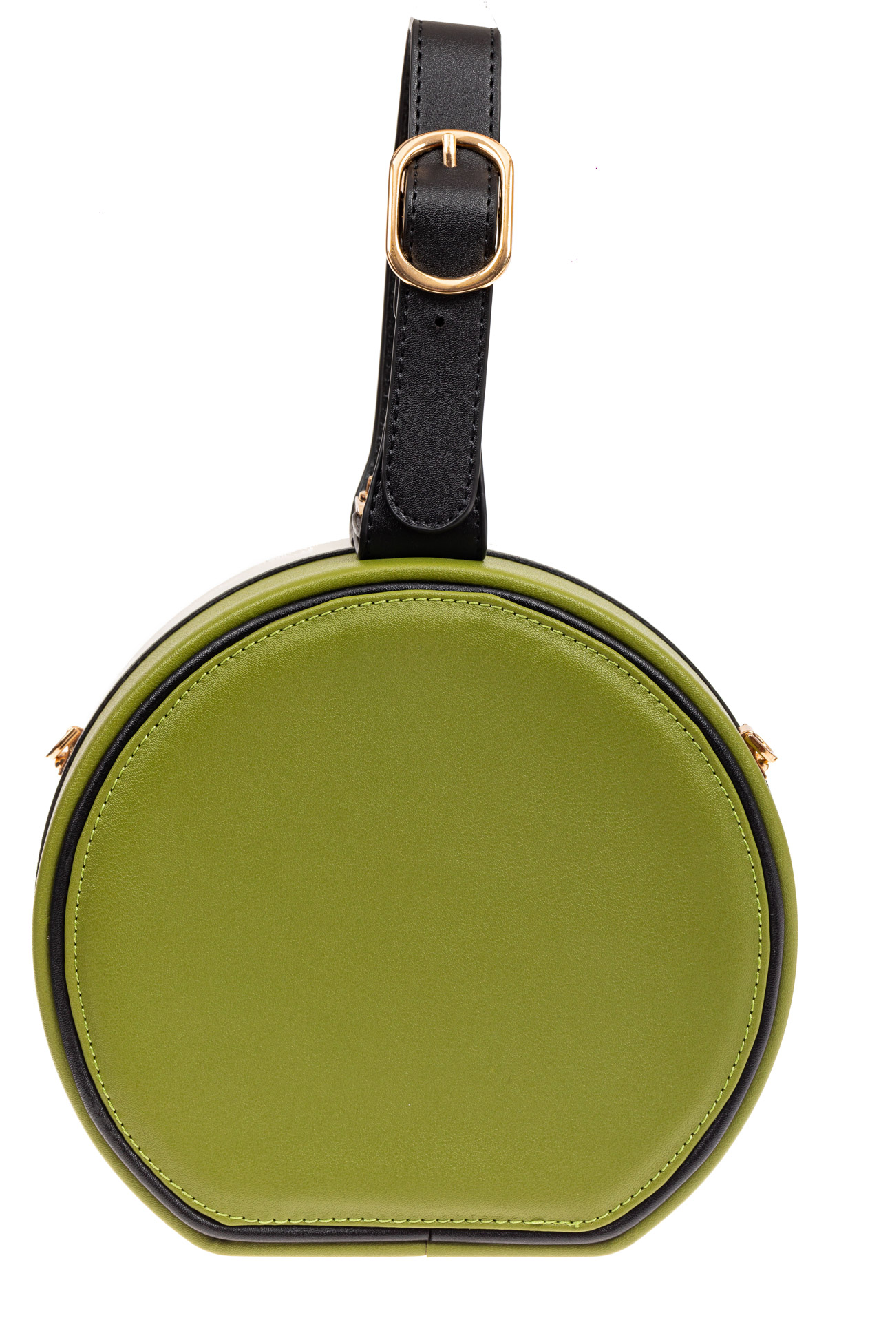 На фото 3 - Каркасная круглая сумочка из искусственной кожи, цвет белый с черным и зеленым