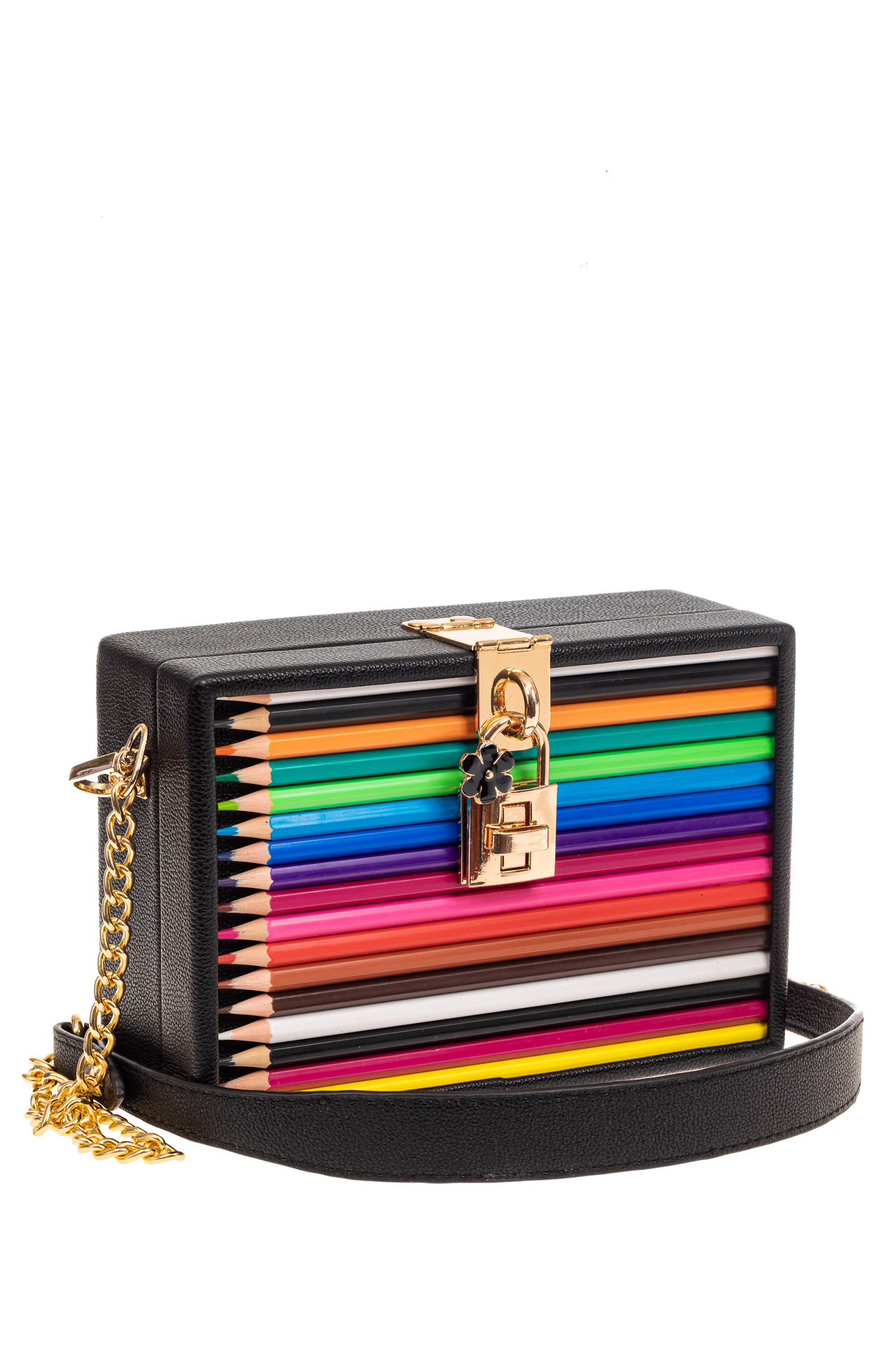 На фото 1 - Каркасная театральная сумочка из искусственной кожи с настоящими цветными карандашами, цвет черный
