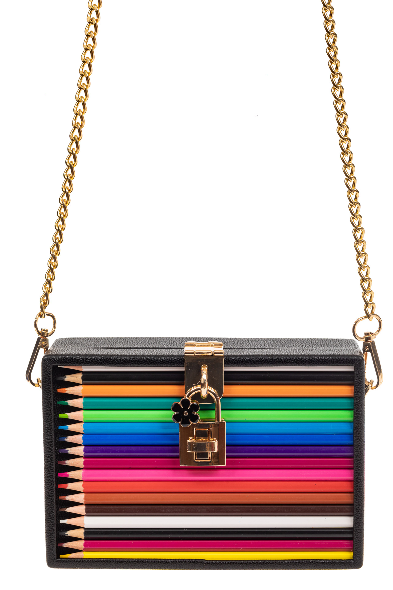На фото 2 - Каркасная театральная сумочка из искусственной кожи с настоящими цветными карандашами, цвет черный