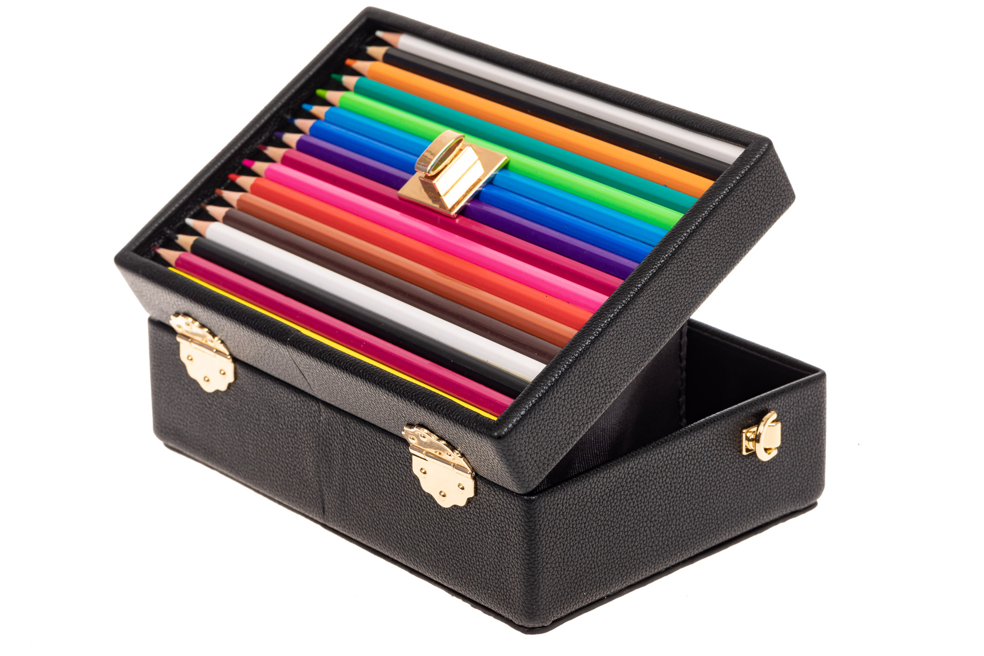 На фото 4 - Каркасная театральная сумочка из искусственной кожи с настоящими цветными карандашами, цвет черный
