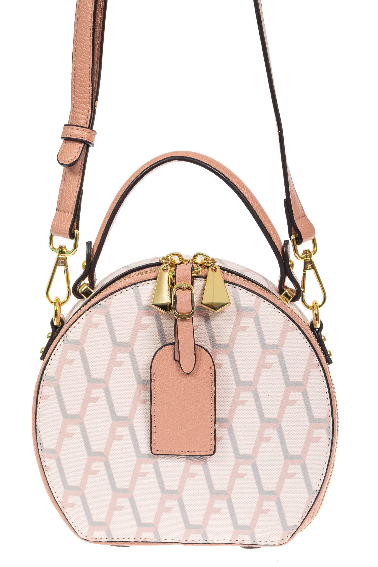 На фото 2 - Круглая женская сумочка из экокожи с принтом, цвет белый с розовым