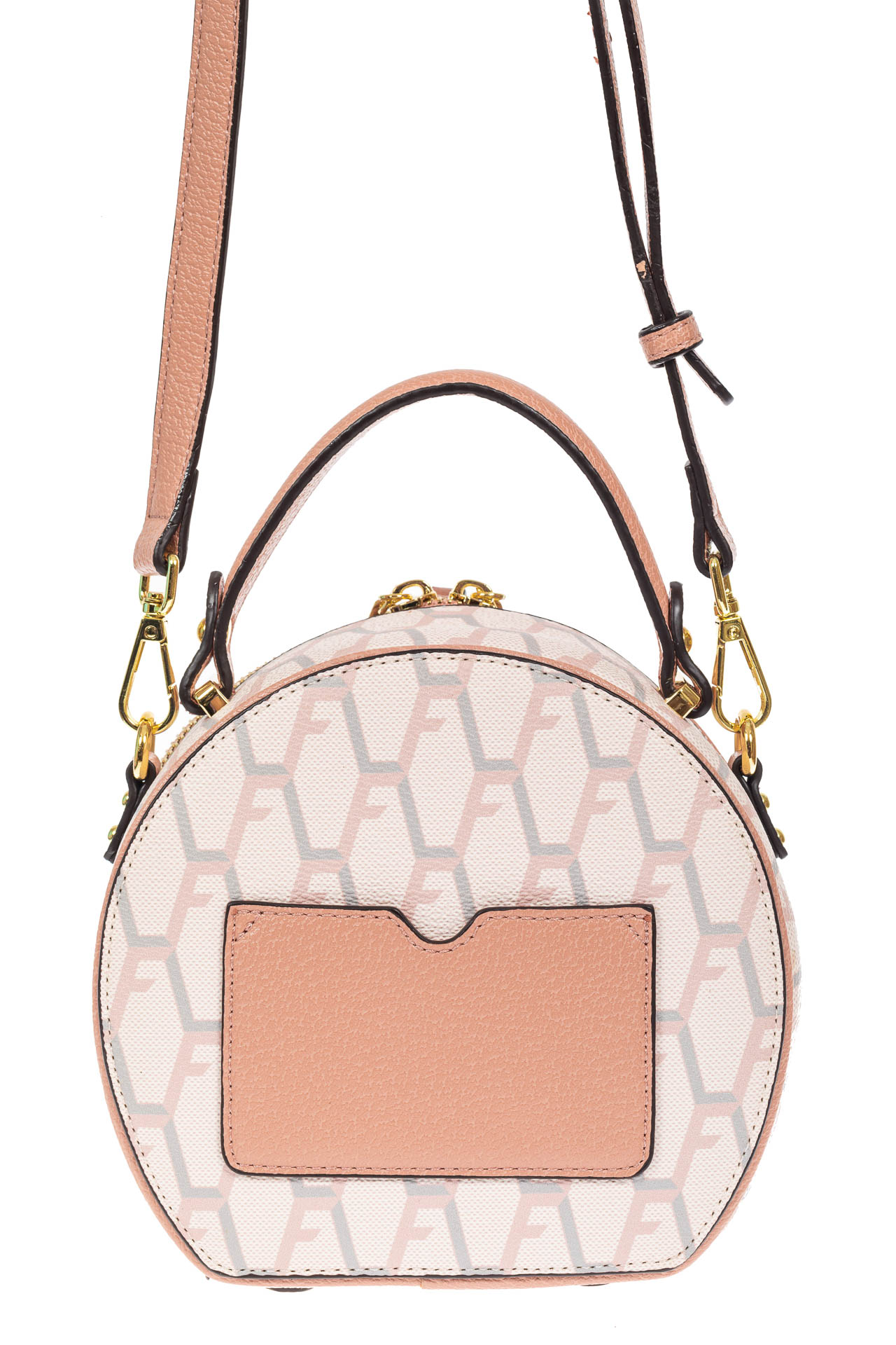 На фото 3 - Круглая женская сумочка из экокожи с принтом, цвет белый с розовым