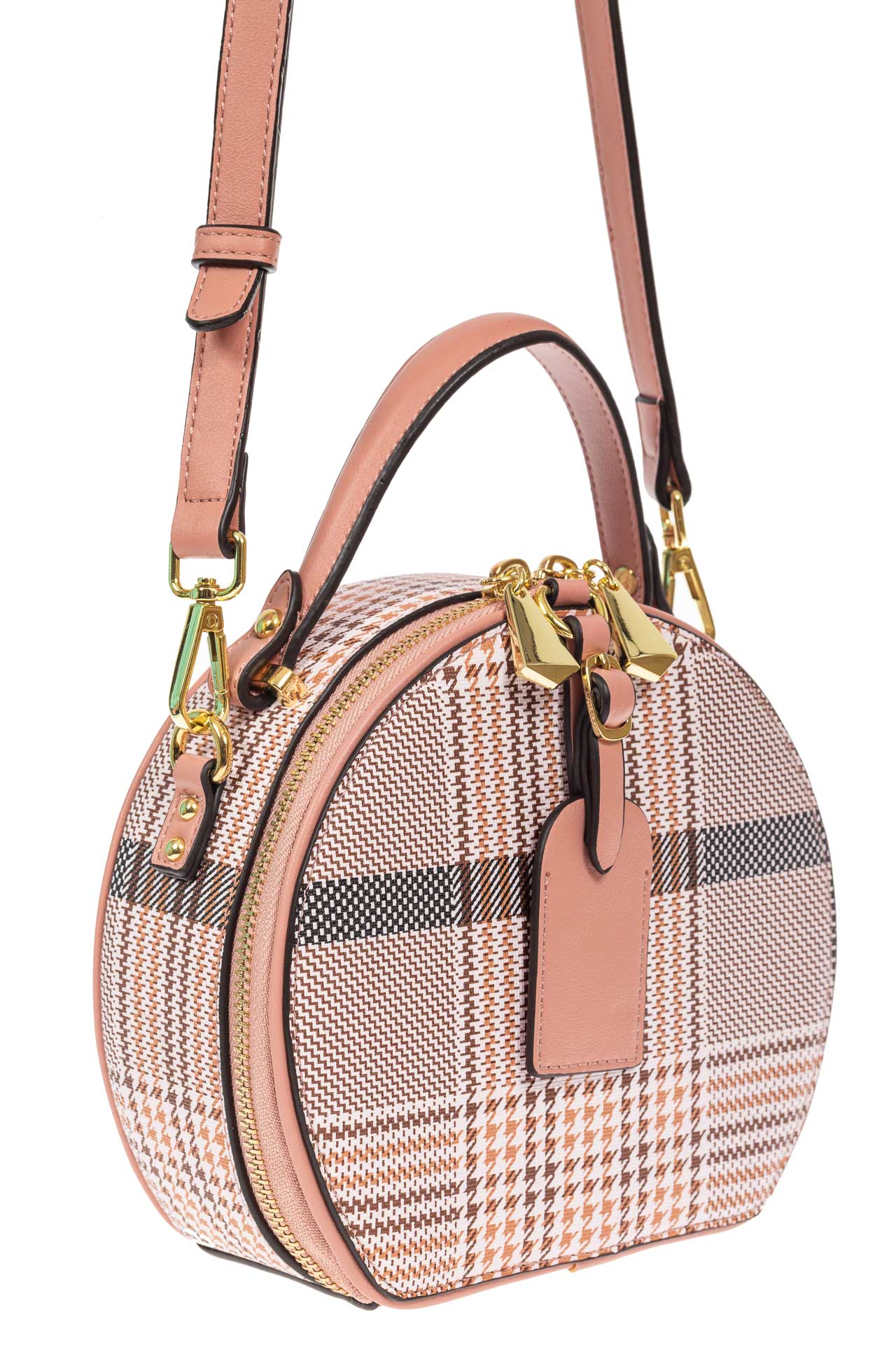 На фото 1 - Круглая женская сумочка из экокожи с принтом, цвет розовый