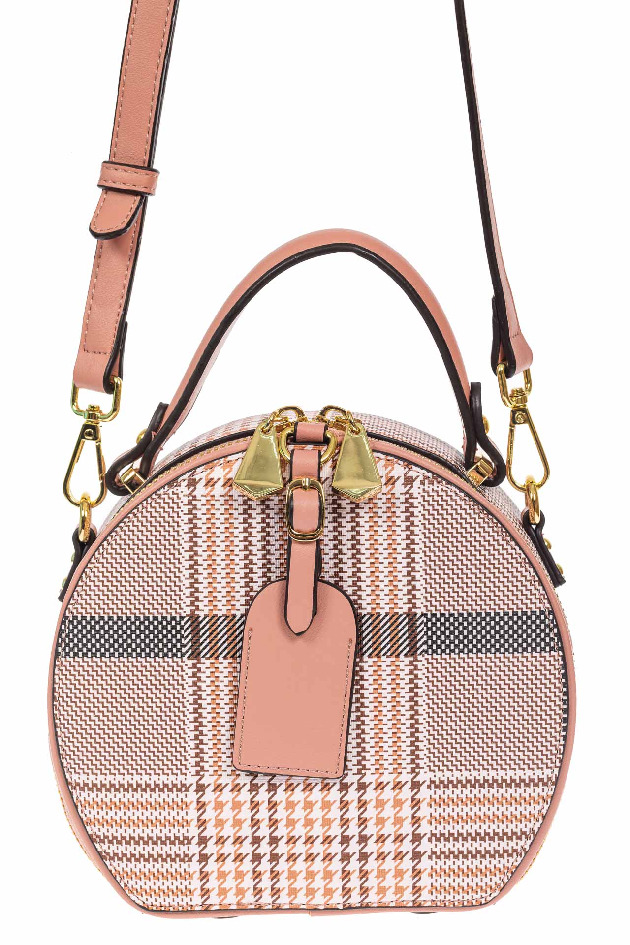 На фото 2 - Круглая женская сумочка из экокожи с принтом, цвет розовый