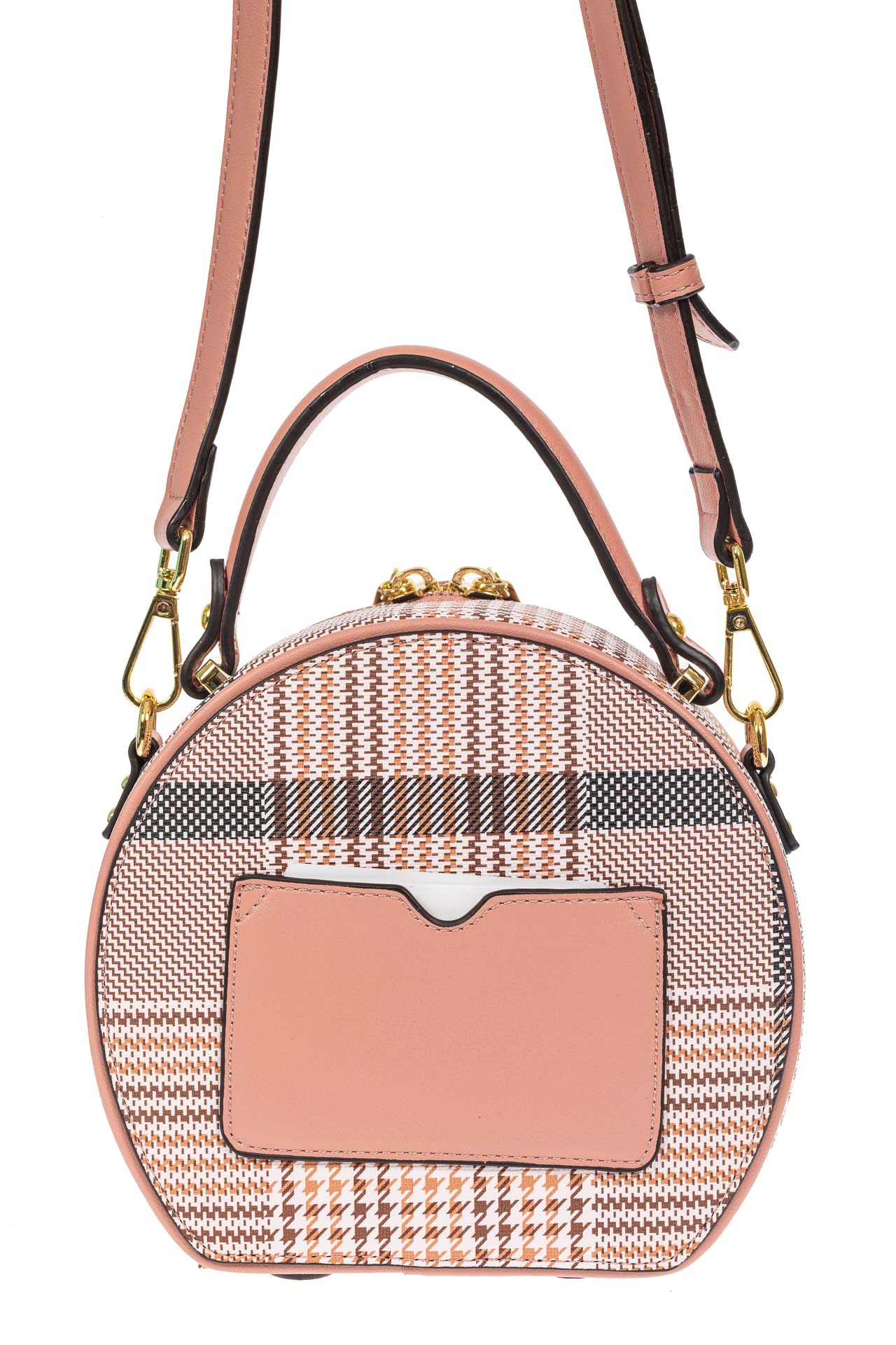 На фото 3 - Круглая женская сумочка из экокожи с принтом, цвет розовый