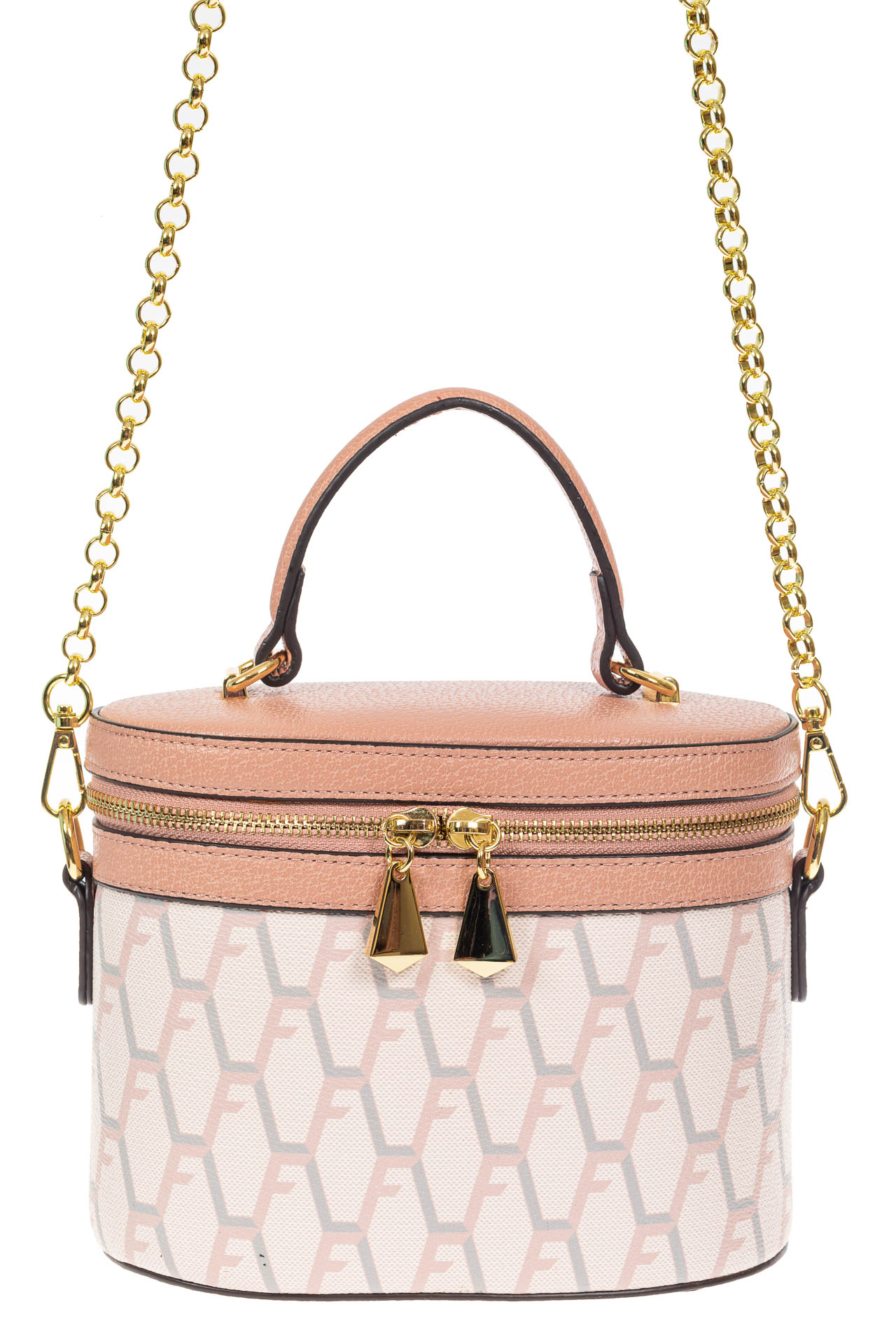 На фото 2 - Женская сумка-бочонок из искусственной кожи с принтом, цвет белый с розовым