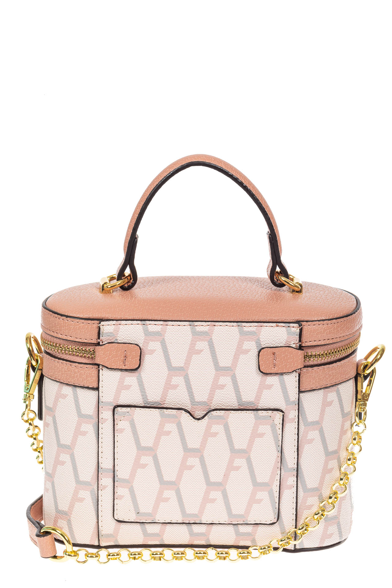 На фото 3 - Женская сумка-бочонок из искусственной кожи с принтом, цвет белый с розовым